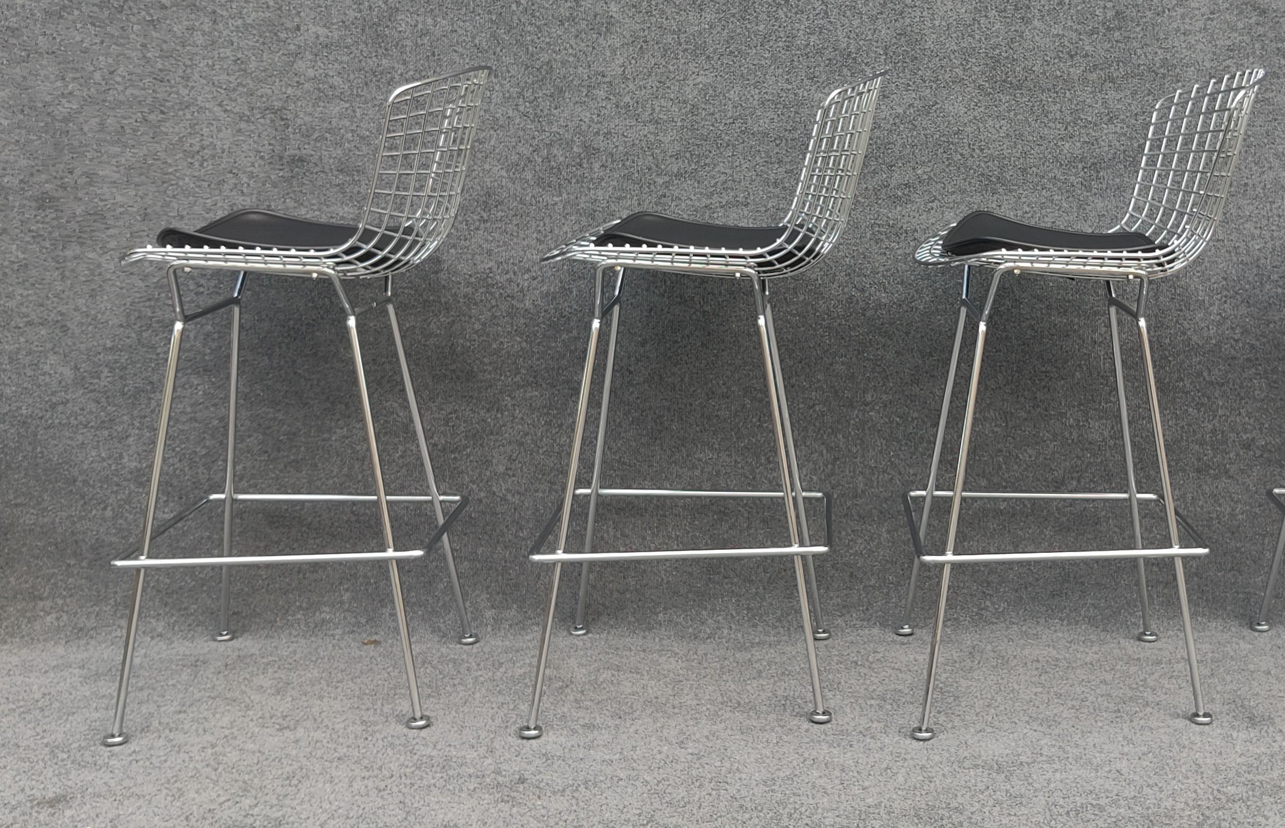 Set of Three Harry Bertoia for Knoll Barstool in Chrome & Black Leatherette For Sale 11