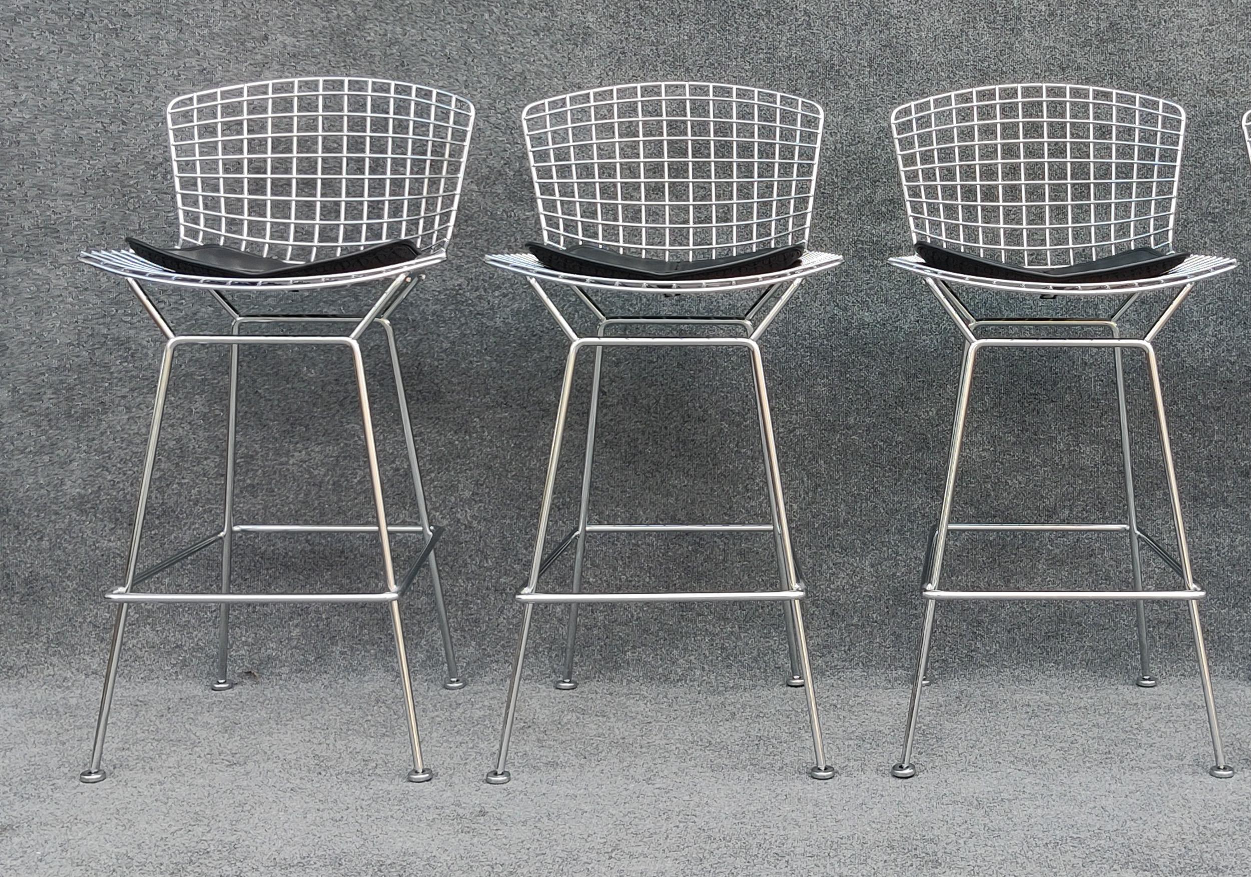 Mid-Century Modern Set of Three Harry Bertoia for Knoll Barstool in Chrome & Black Leatherette For Sale