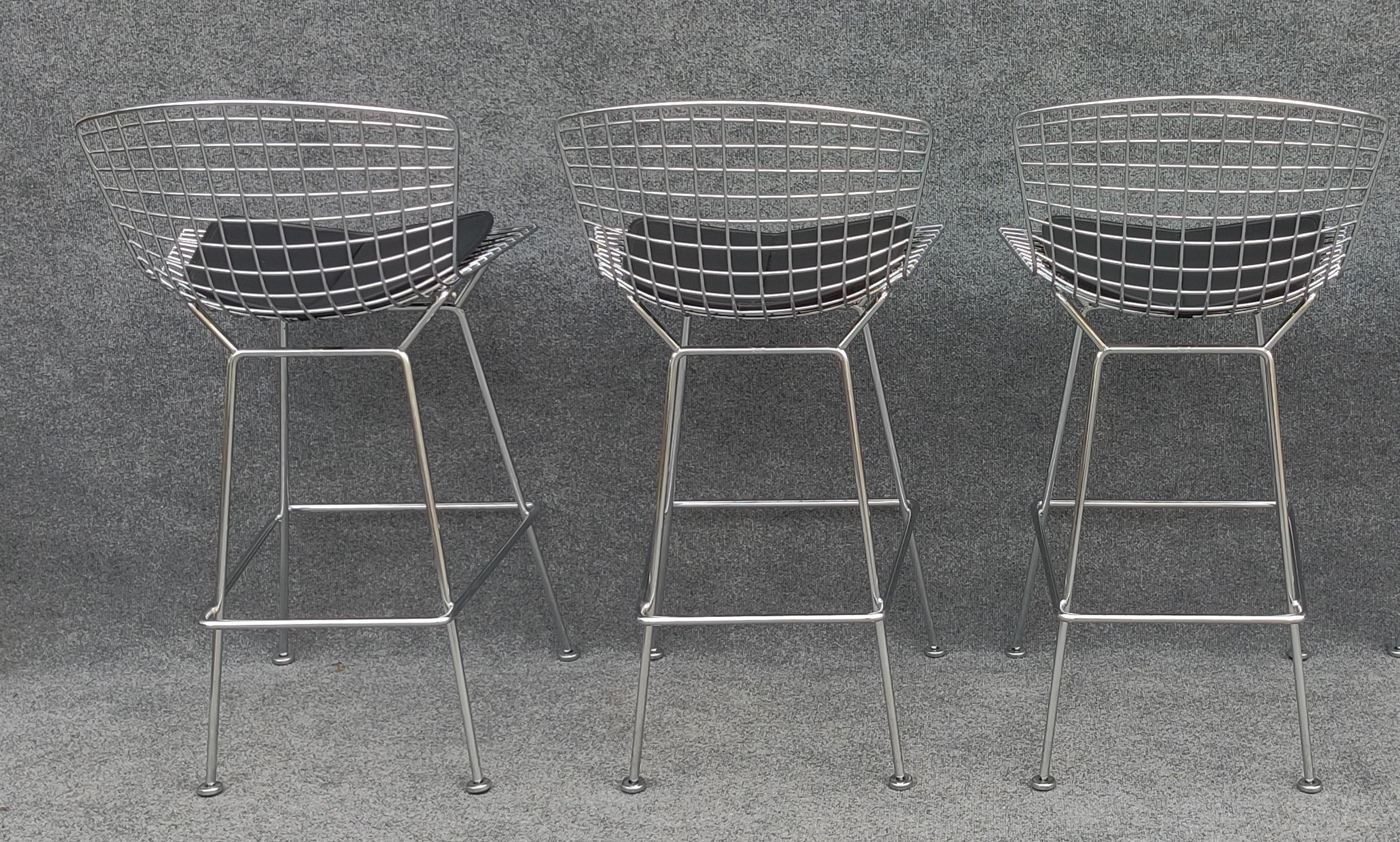 American Set of Three Harry Bertoia for Knoll Barstool in Chrome & Black Leatherette For Sale