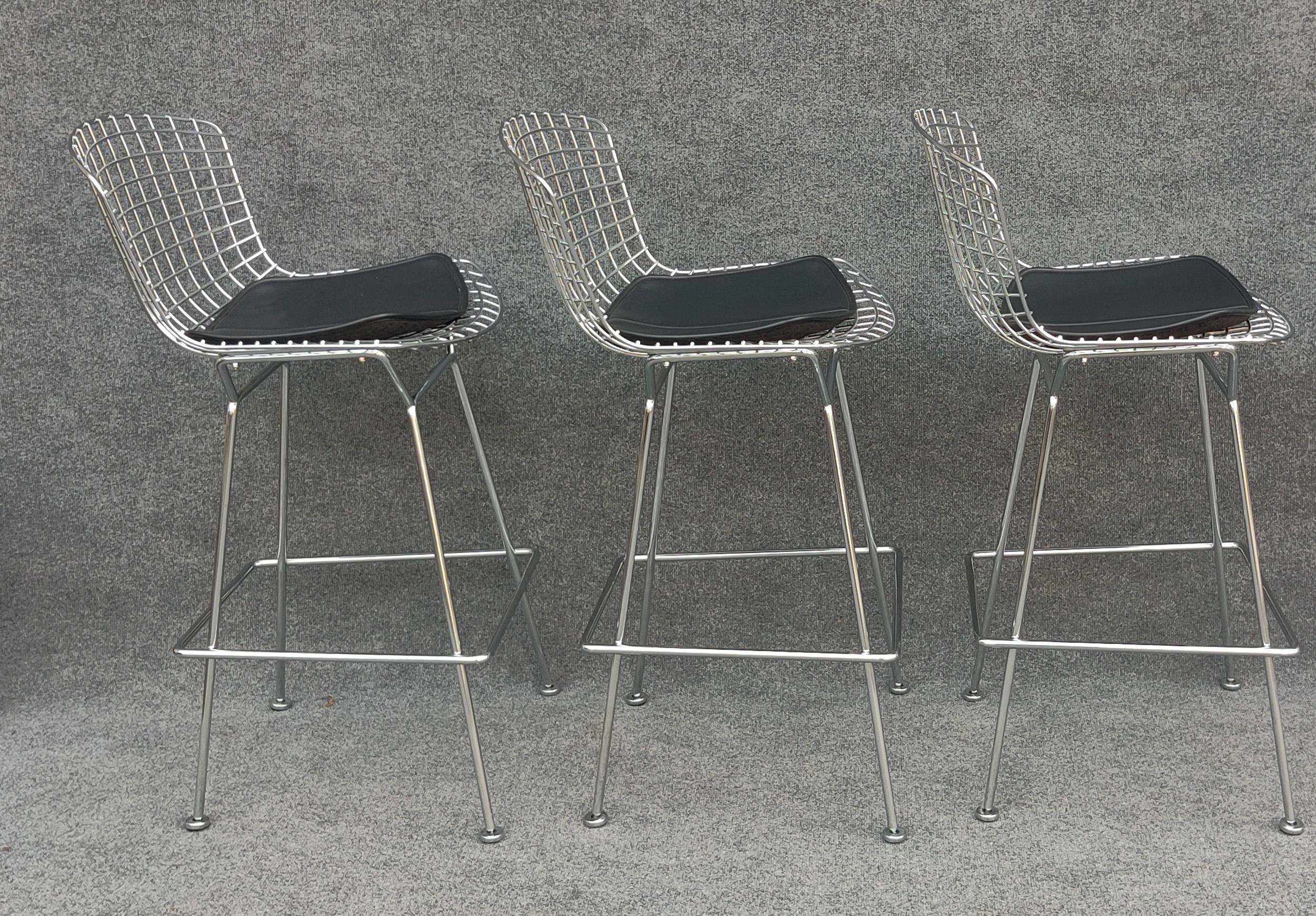 Welded Set of Three Harry Bertoia for Knoll Barstool in Chrome & Black Leatherette For Sale