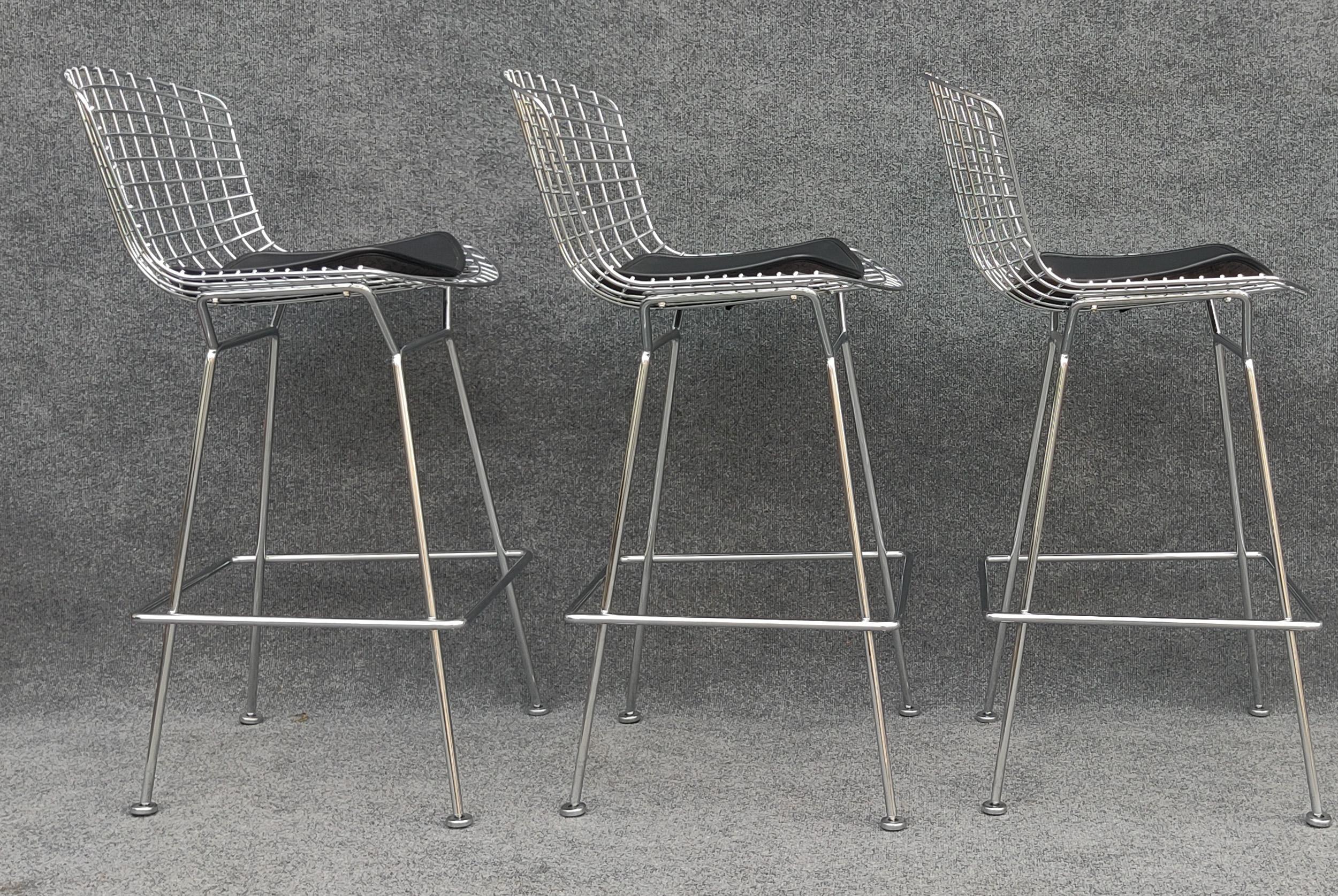 Set of Three Harry Bertoia for Knoll Barstool in Chrome & Black Leatherette In Good Condition For Sale In Philadelphia, PA