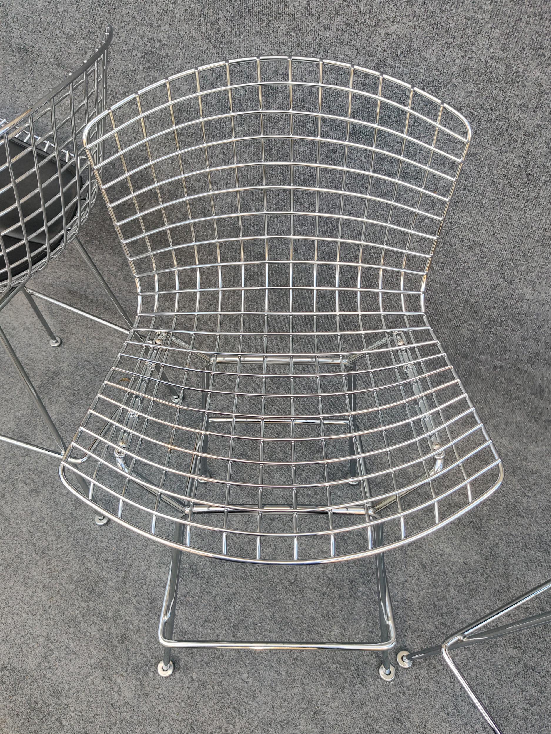 Set of Three Harry Bertoia for Knoll Barstool in Chrome & Black Leatherette For Sale 1