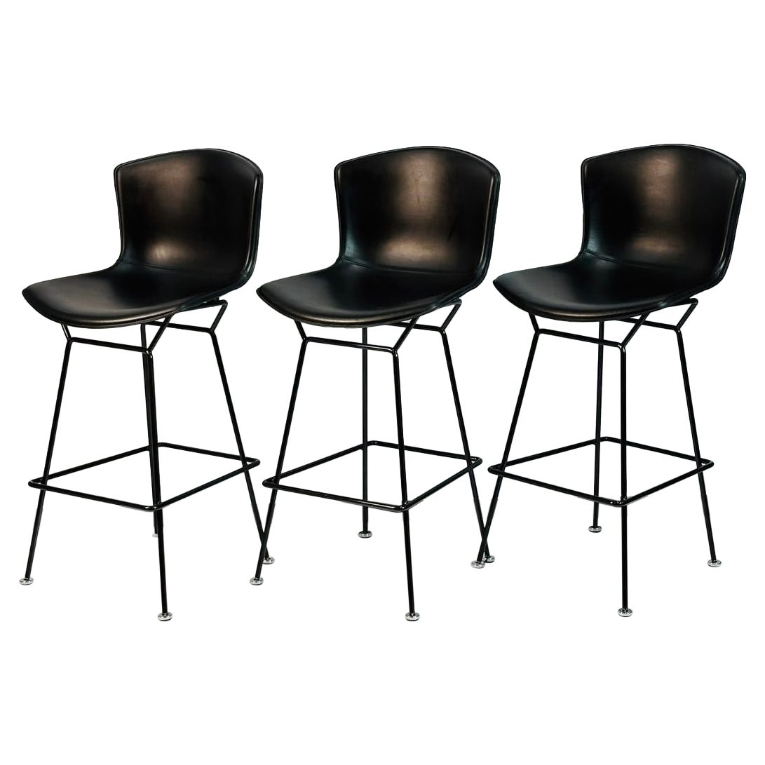Set of Three Harry Bertoia Leather Barstools for Knoll, Signed