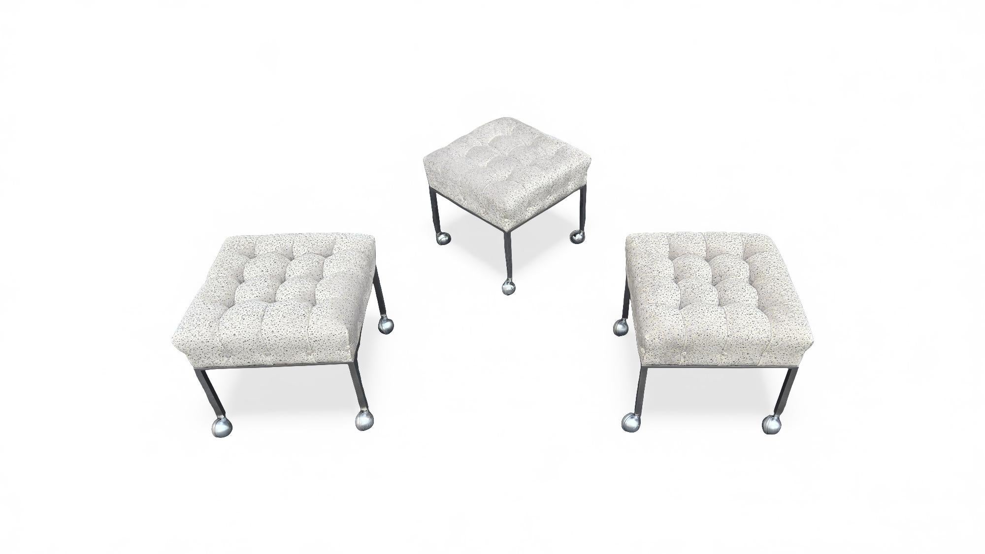 Metal Set of Three Harvey Probber Biscuit Tufted Ottomans / Stools