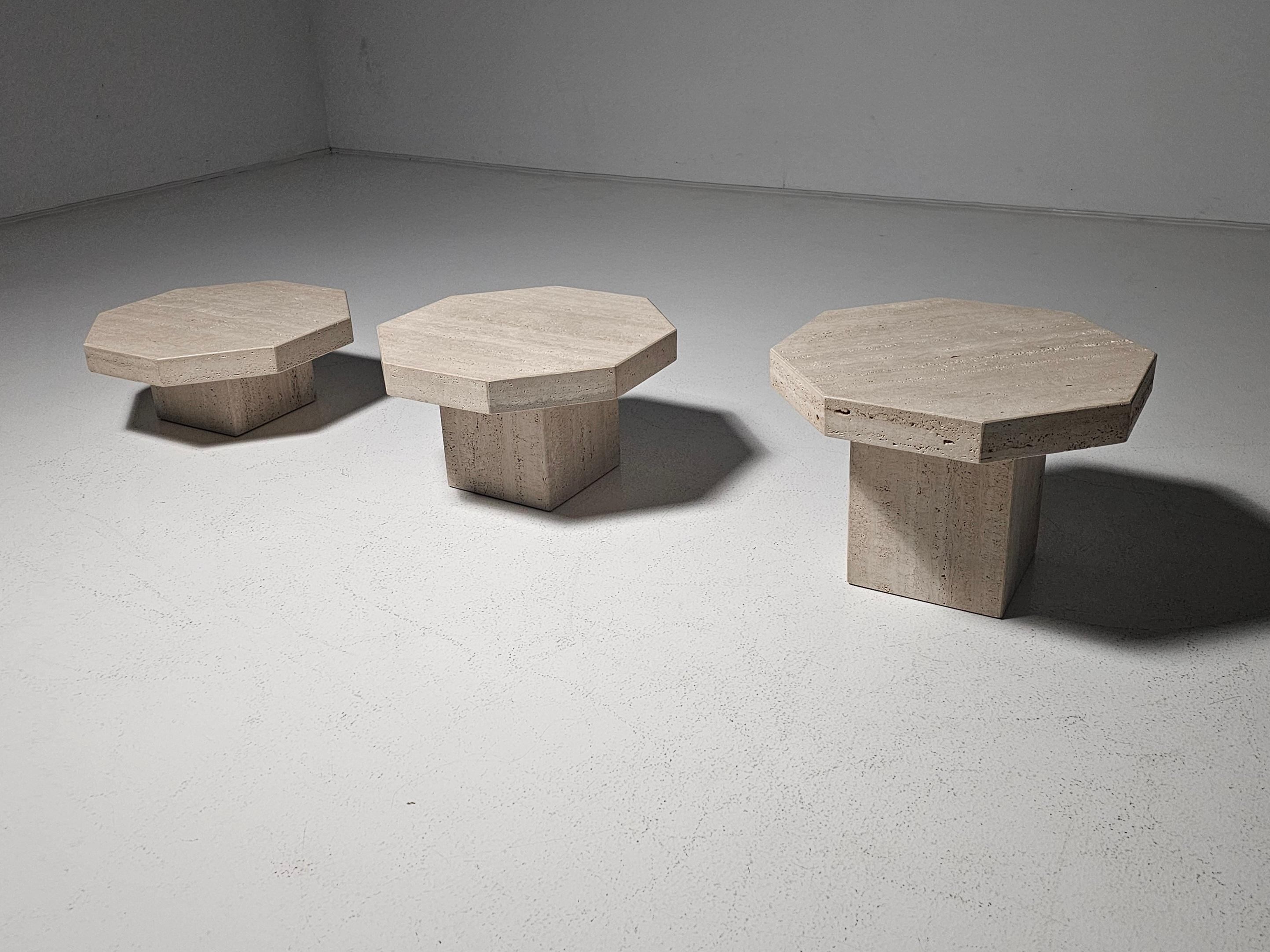 Mid-Century Modern Set of Three Hexagon Travertine Cocktail Tables, Italy, 1970s