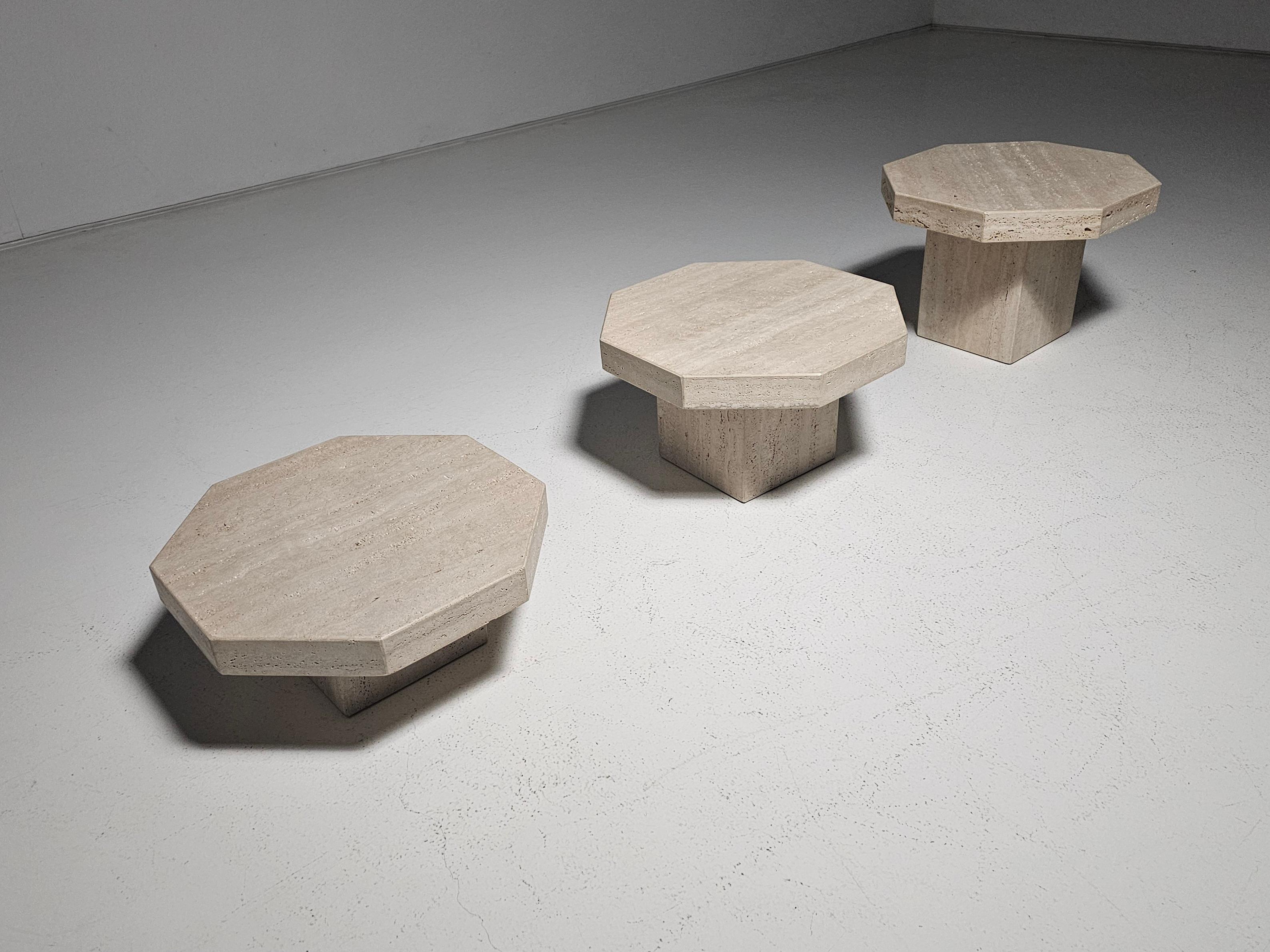 European Set of Three Hexagon Travertine Cocktail Tables, Italy, 1970s