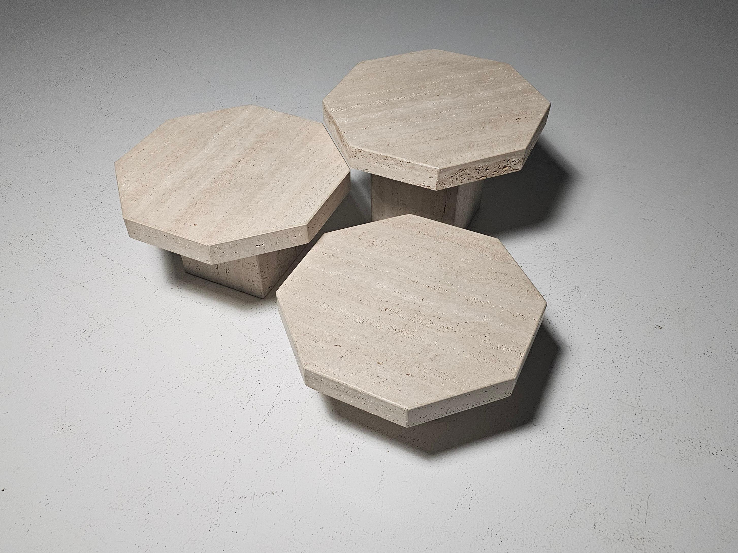 Late 20th Century Set of Three Hexagon Travertine Cocktail Tables, Italy, 1970s