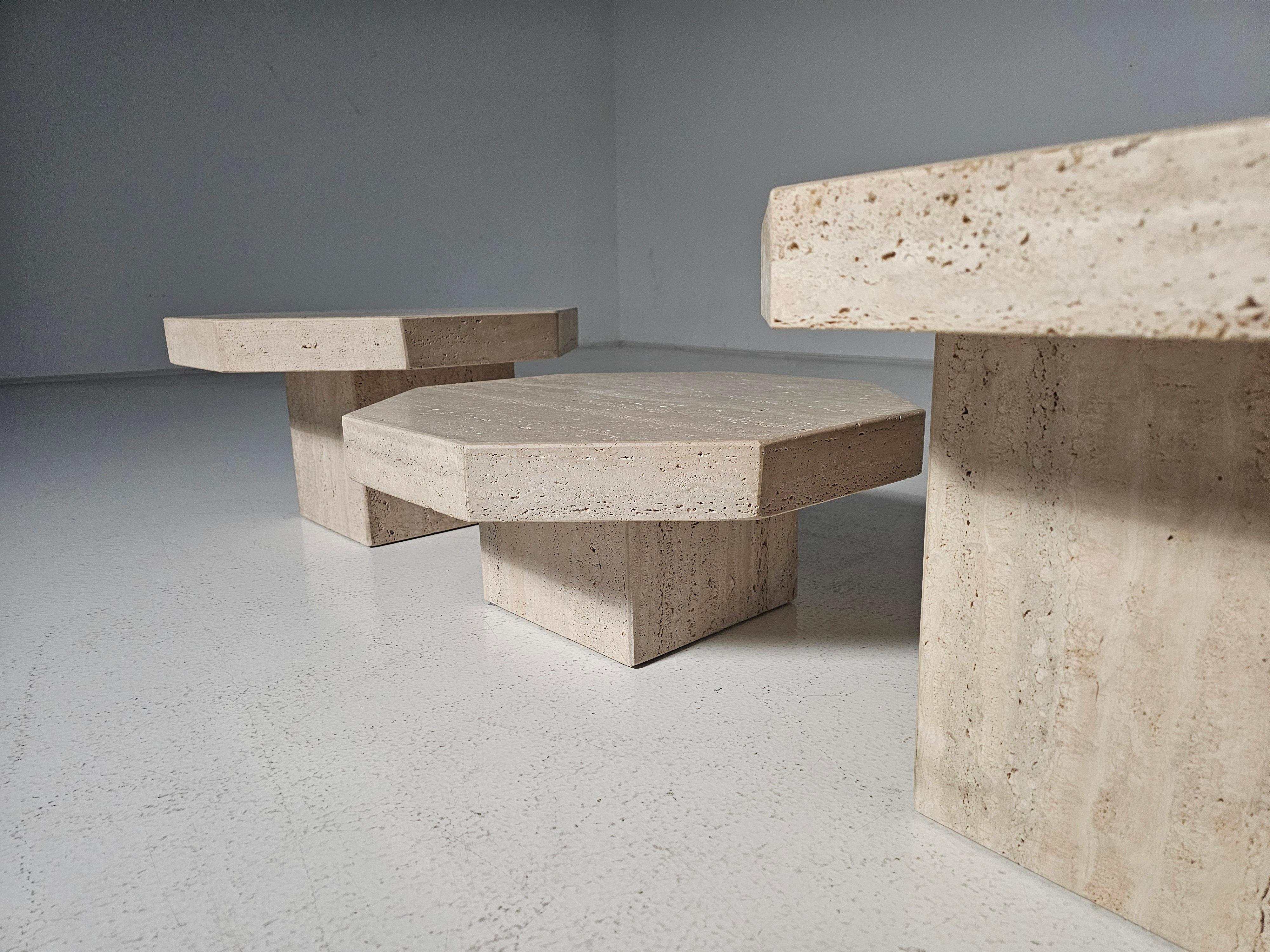 Set of Three Hexagon Travertine Cocktail Tables, Italy, 1970s 1