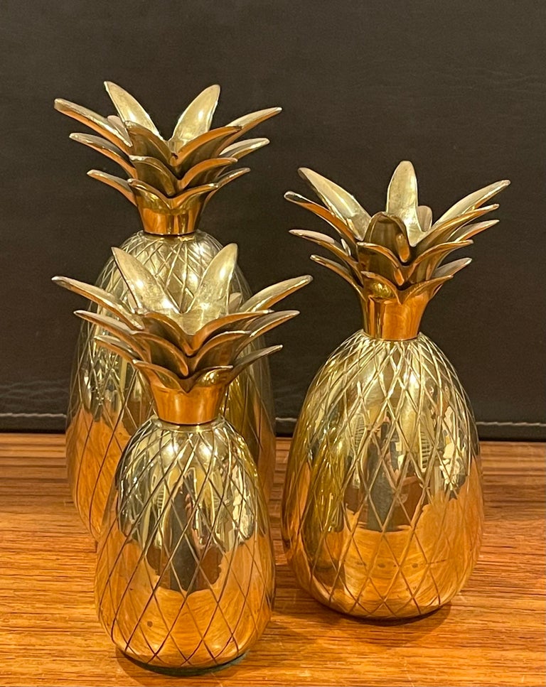 Set of Three Hollywood Regency Brass Pineapple Candle Holders For Sale