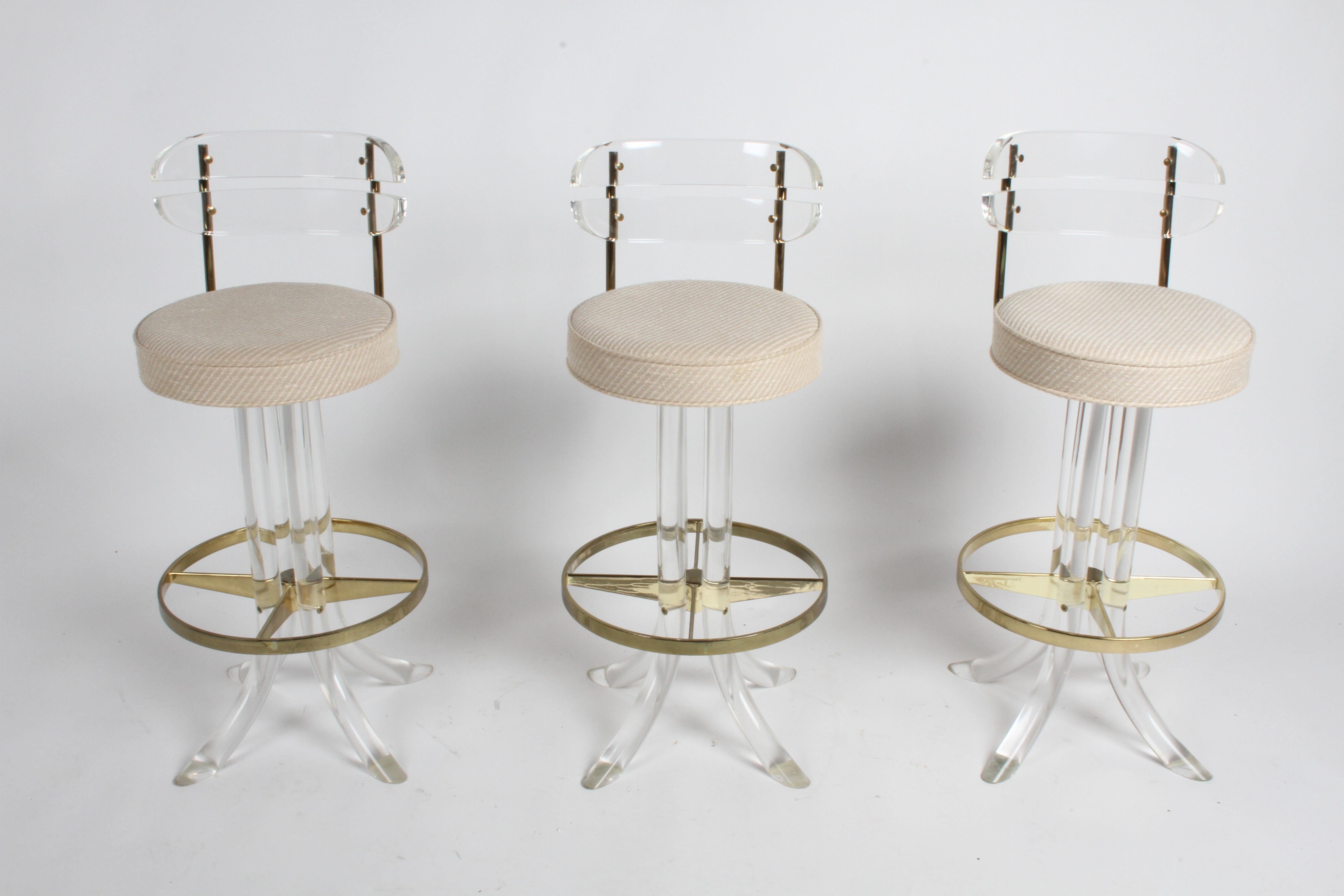 Set of Three Hollywood Regency Lucite with Brass Swivel Bar Stools by Hill MFG 5