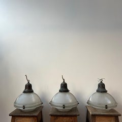 Set of Three Holophane Antique Glass Pendant Lights