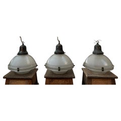 Set of Three Holophane Antique Glass Pendant Lights
