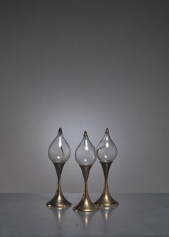 Set of Three Identical Brass Oil Lamps or Candle Holders, Denmark