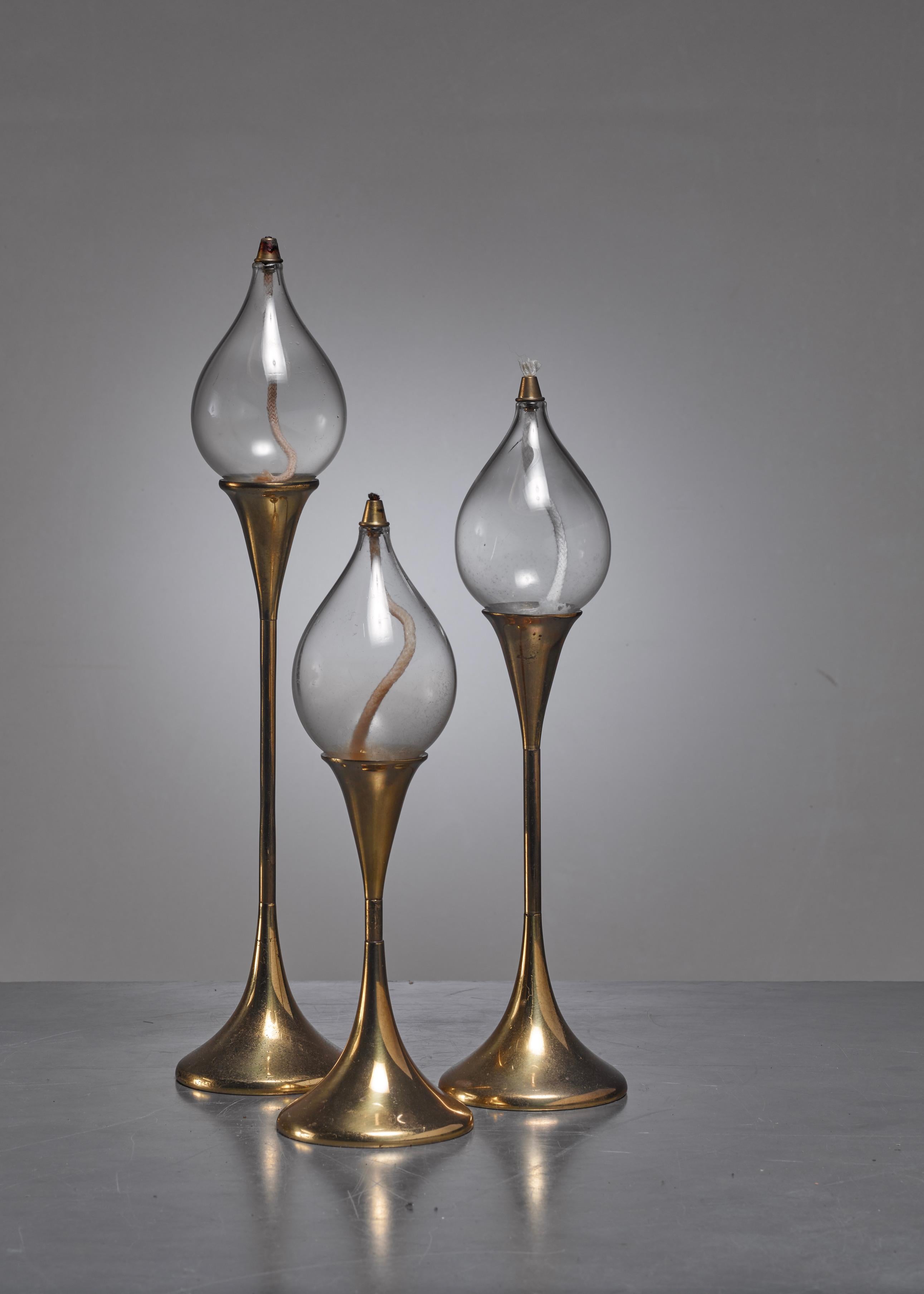Mid-Century Modern Set of Three Identical Brass Oil Lamps or Candle Holders, Denmark For Sale