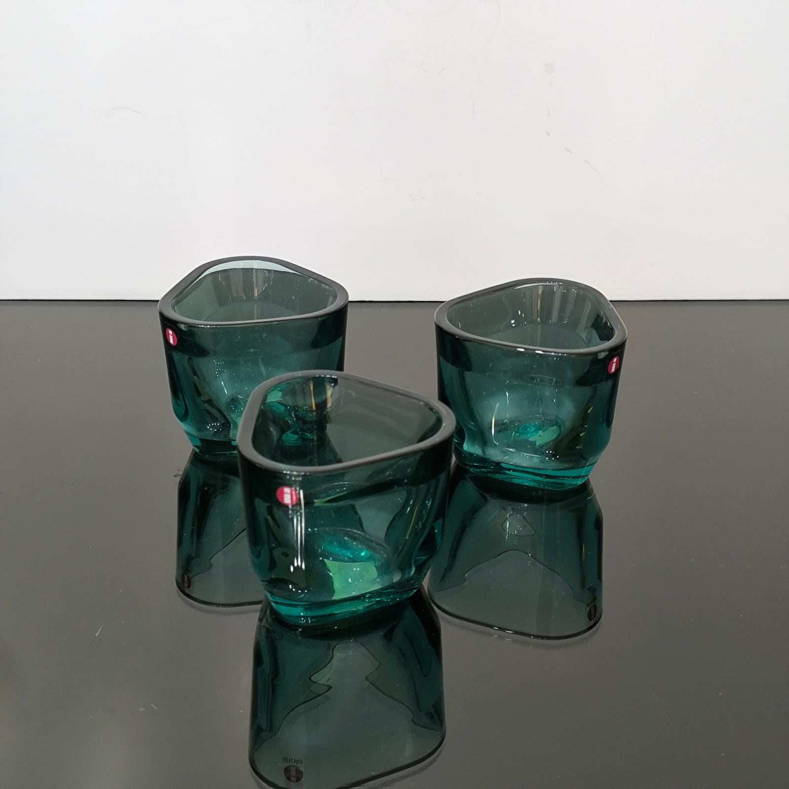 Scandinavian Modern Set of Three Iittala Candle Holders, Votives, Sea-blue Crystal For Sale