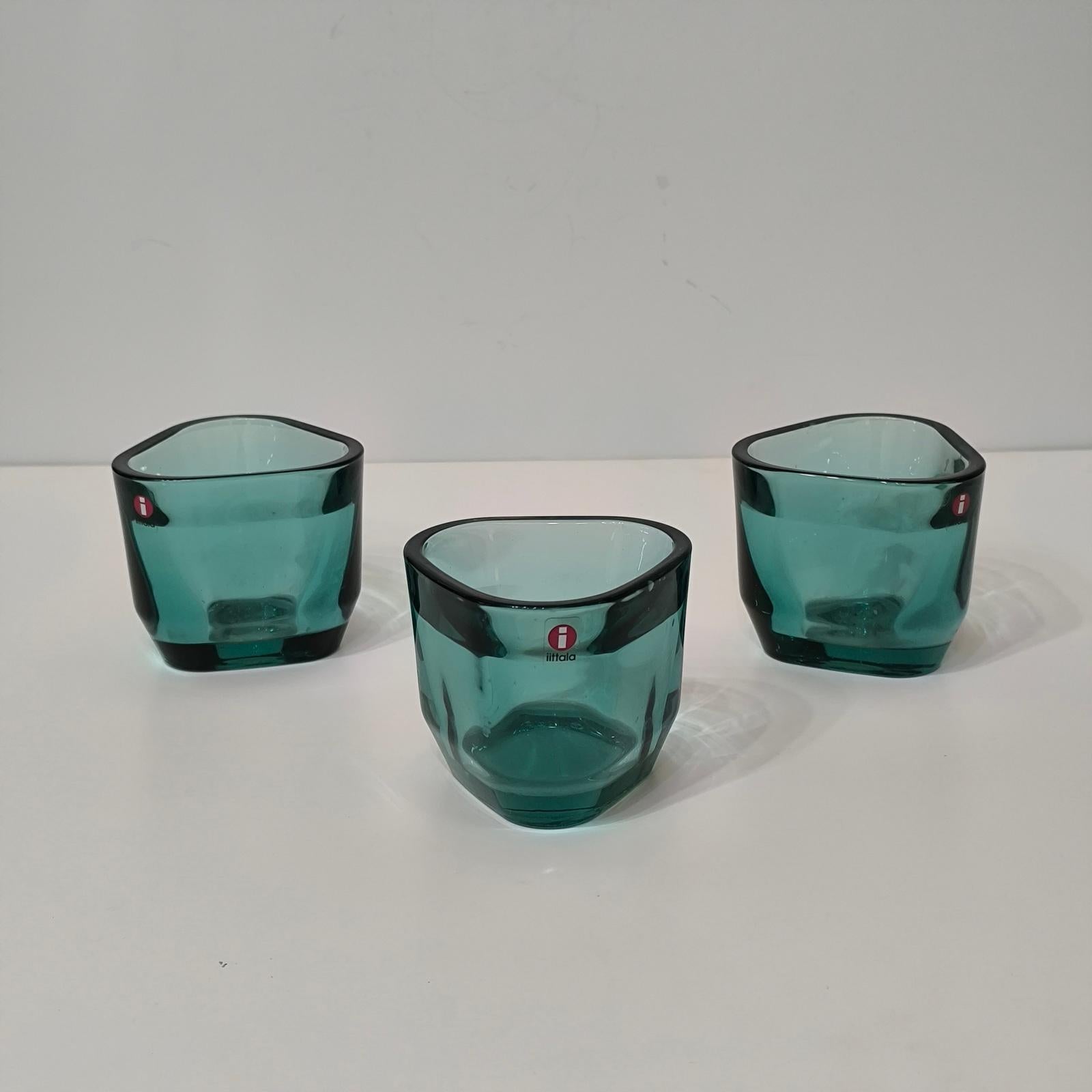 Finnish Set of Three Iittala Candle Holders, Votives, Sea-blue Crystal For Sale