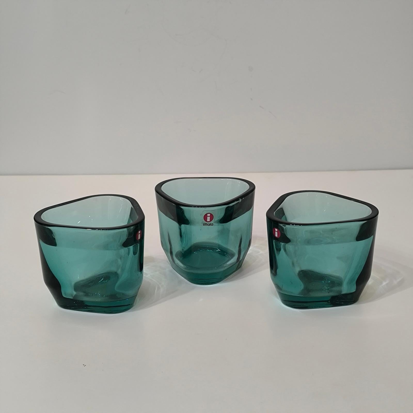 Set of Three Iittala Candle Holders, Votives, Sea-blue Crystal In Excellent Condition For Sale In Bochum, NRW