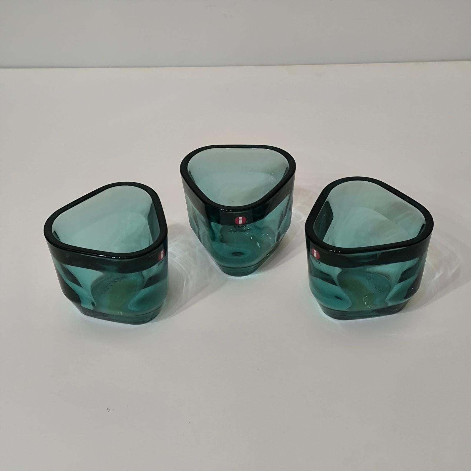 Contemporary Set of Three Iittala Candle Holders, Votives, Sea-blue Crystal For Sale