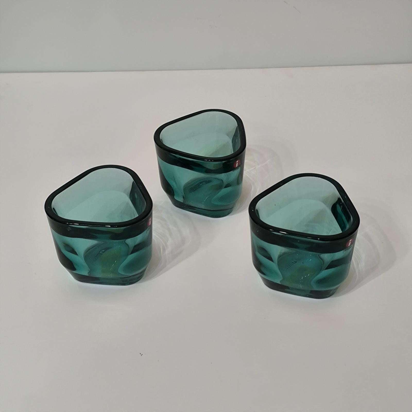 Set of Three Iittala Candle Holders, Votives, Sea-blue Crystal For Sale 1