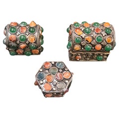 Vintage Set of Three Important Beautiful Semi-Precious Agate Stone Silver Inlaid Boxes