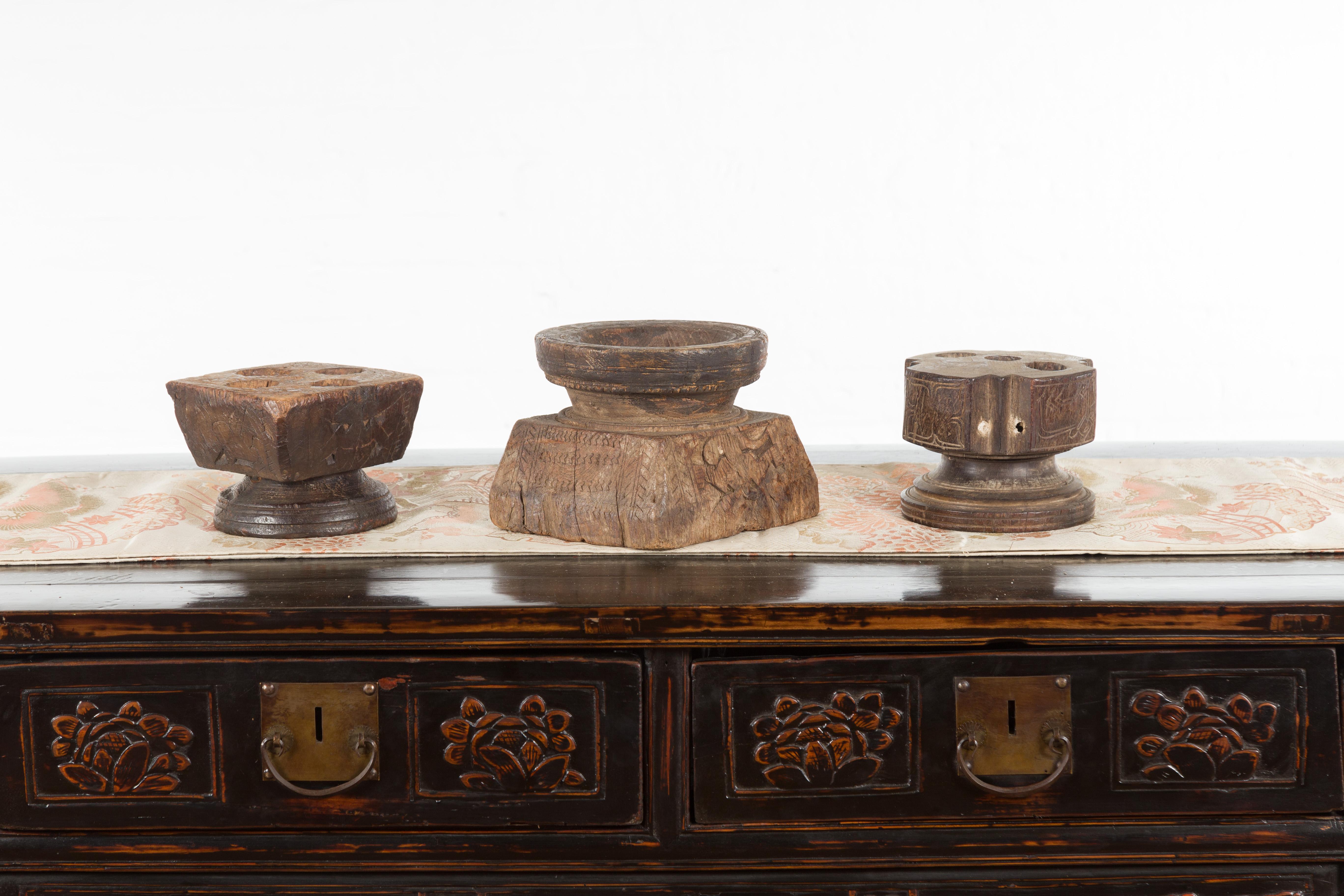 Set of Three Indian 19th Century Seed Planters with Carved Motifs and Patina For Sale 5