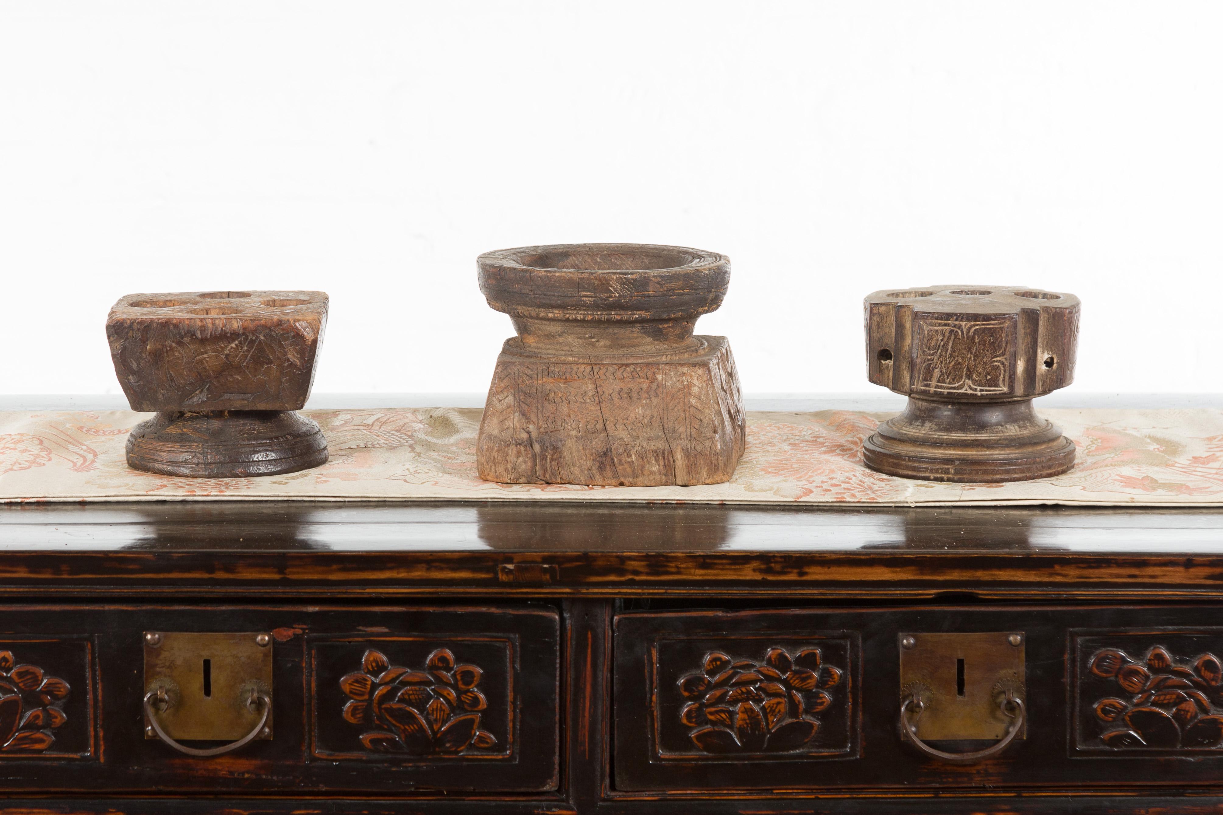 Set of Three Indian 19th Century Seed Planters with Carved Motifs and Patina For Sale 6