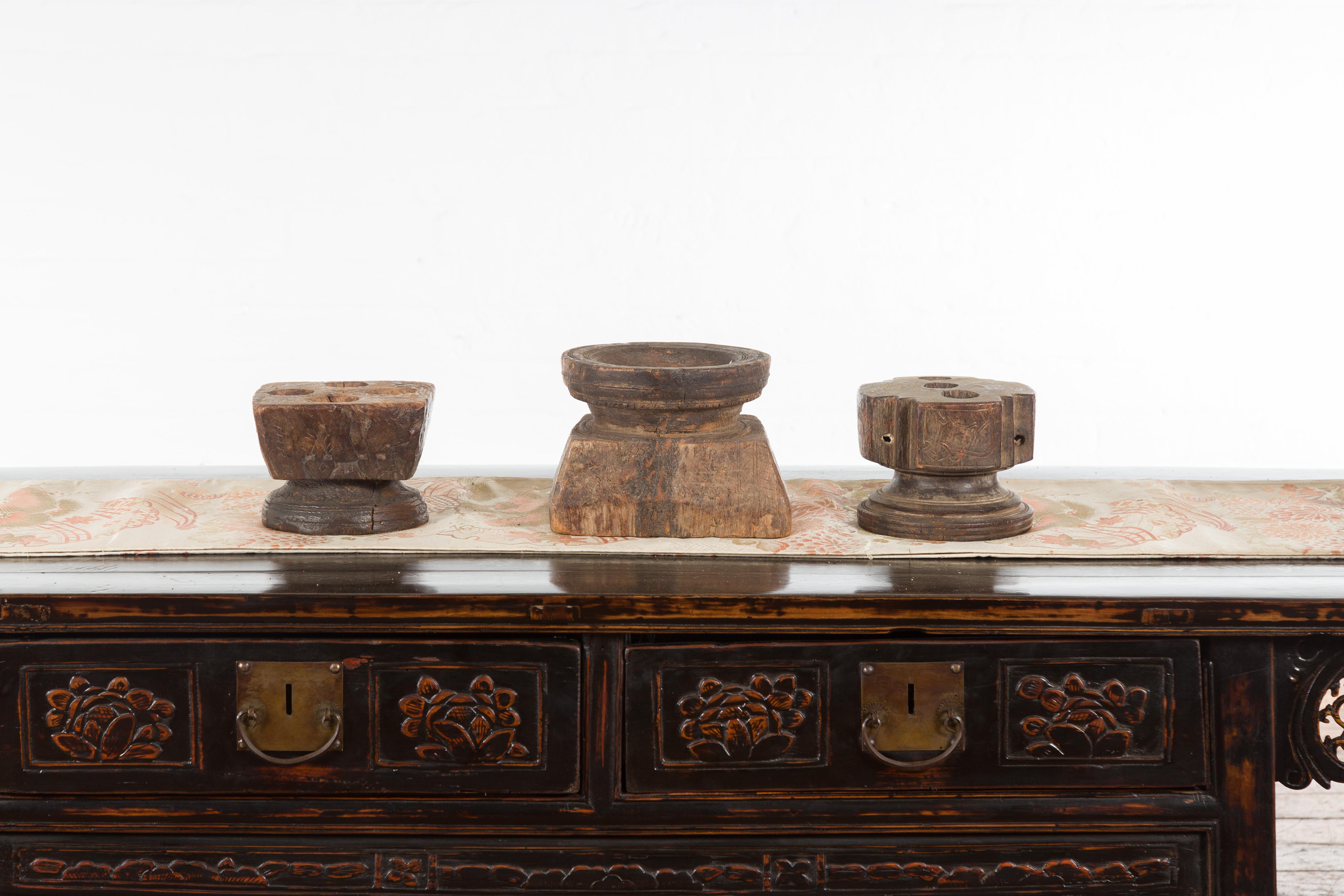 Set of Three Indian 19th Century Seed Planters with Carved Motifs and Patina For Sale 7