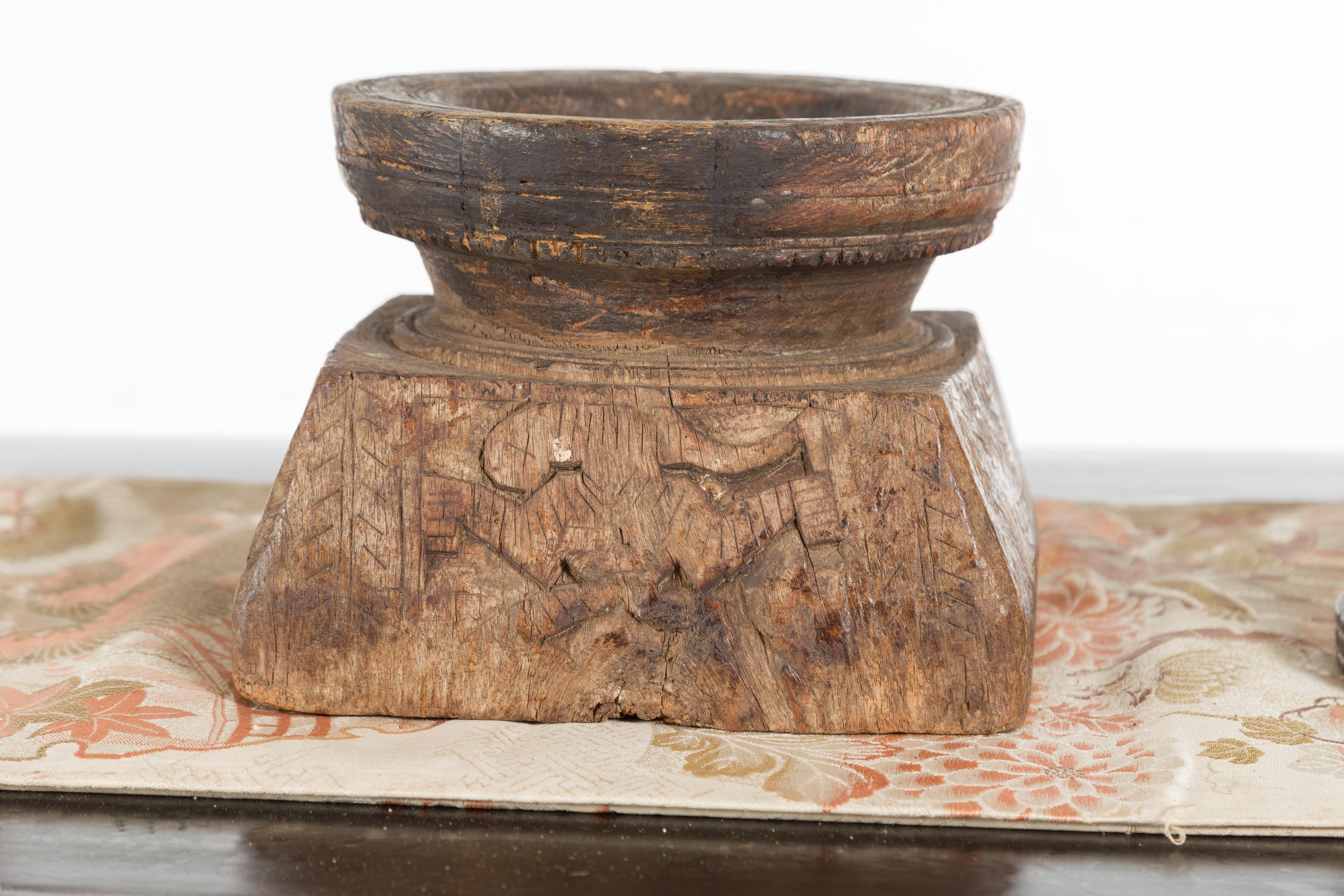 Set of Three Indian 19th Century Seed Planters with Carved Motifs and Patina For Sale 9