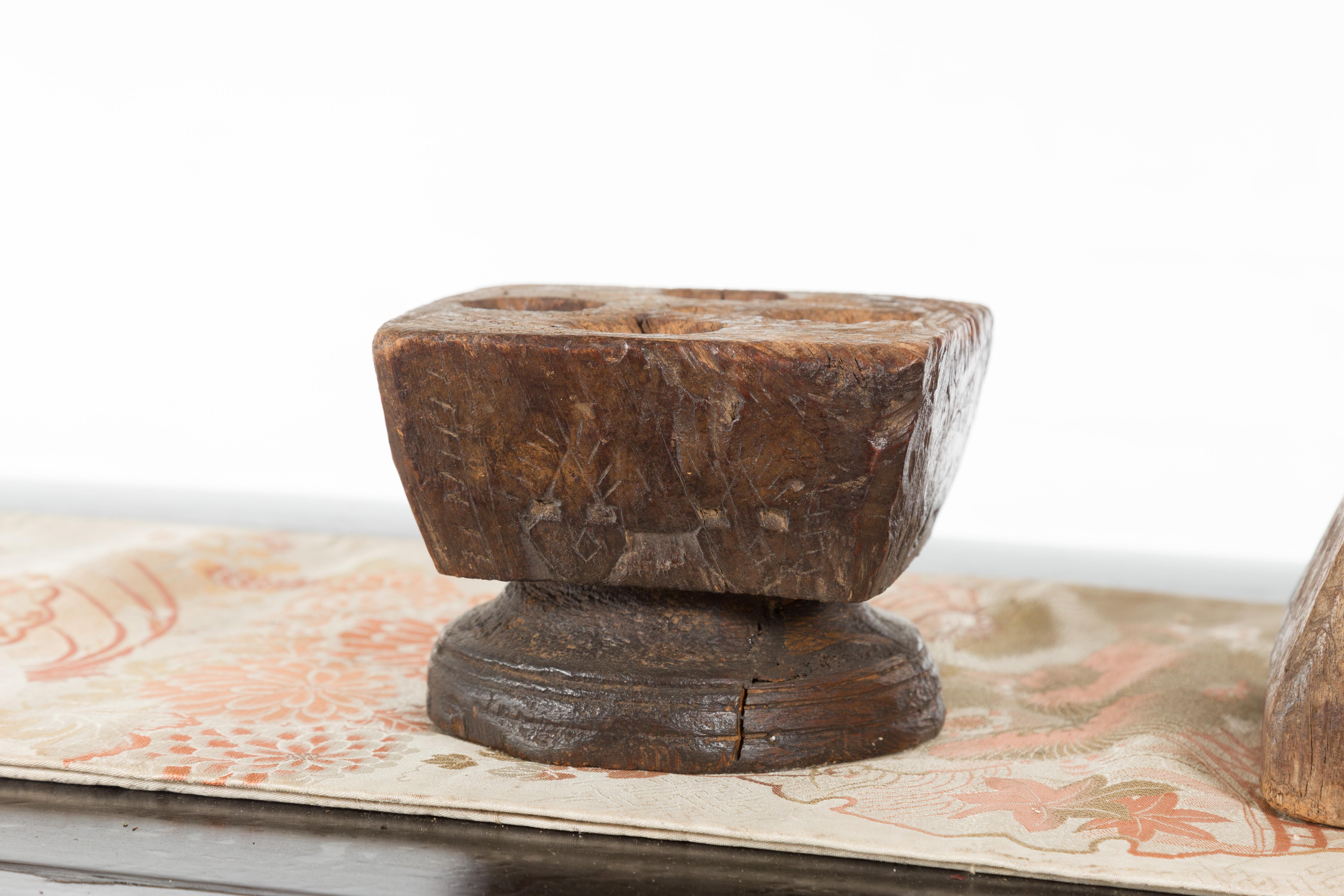 Set of Three Indian 19th Century Seed Planters with Carved Motifs and Patina For Sale 10