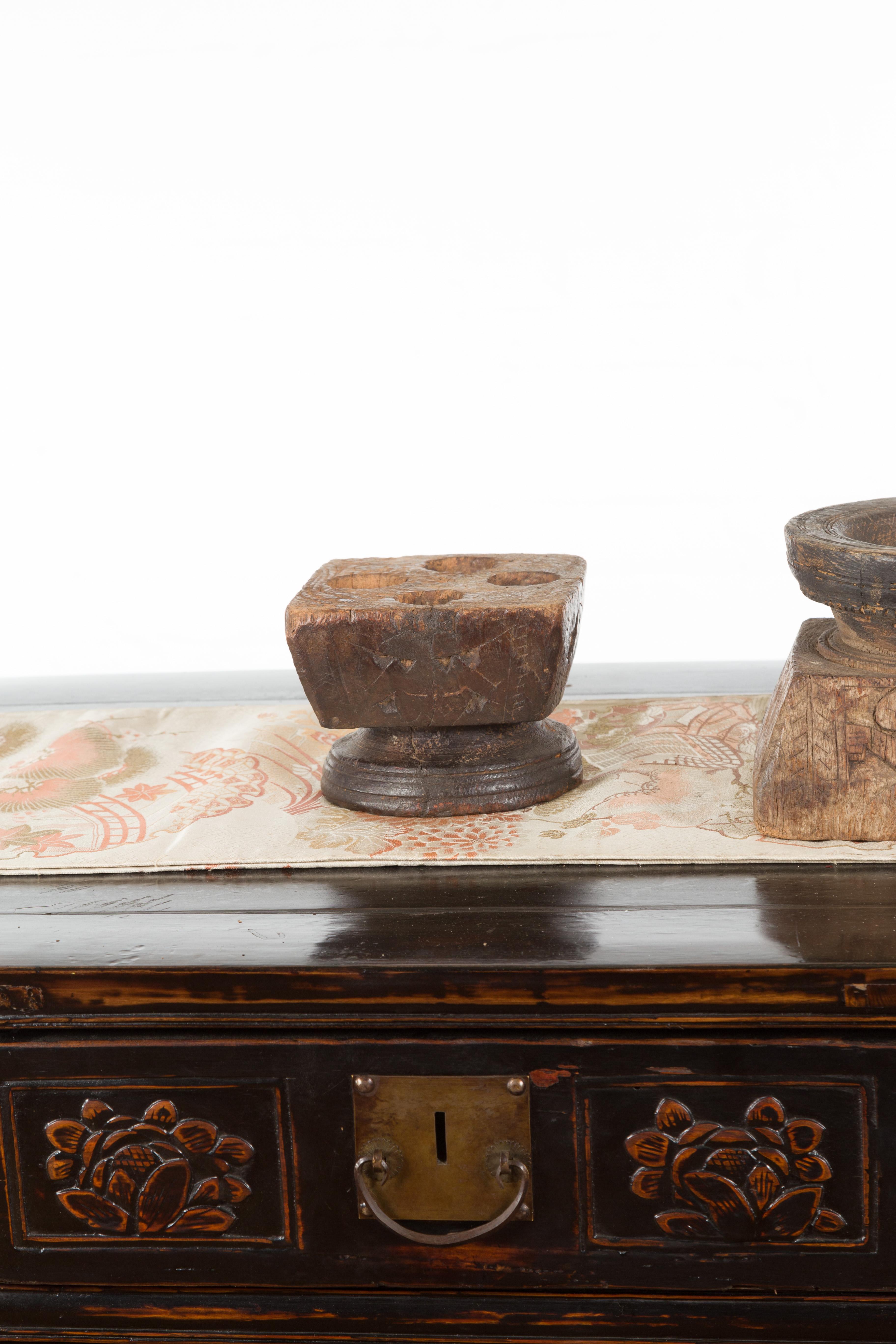 Set of Three Indian 19th Century Seed Planters with Carved Motifs and Patina In Good Condition For Sale In Yonkers, NY