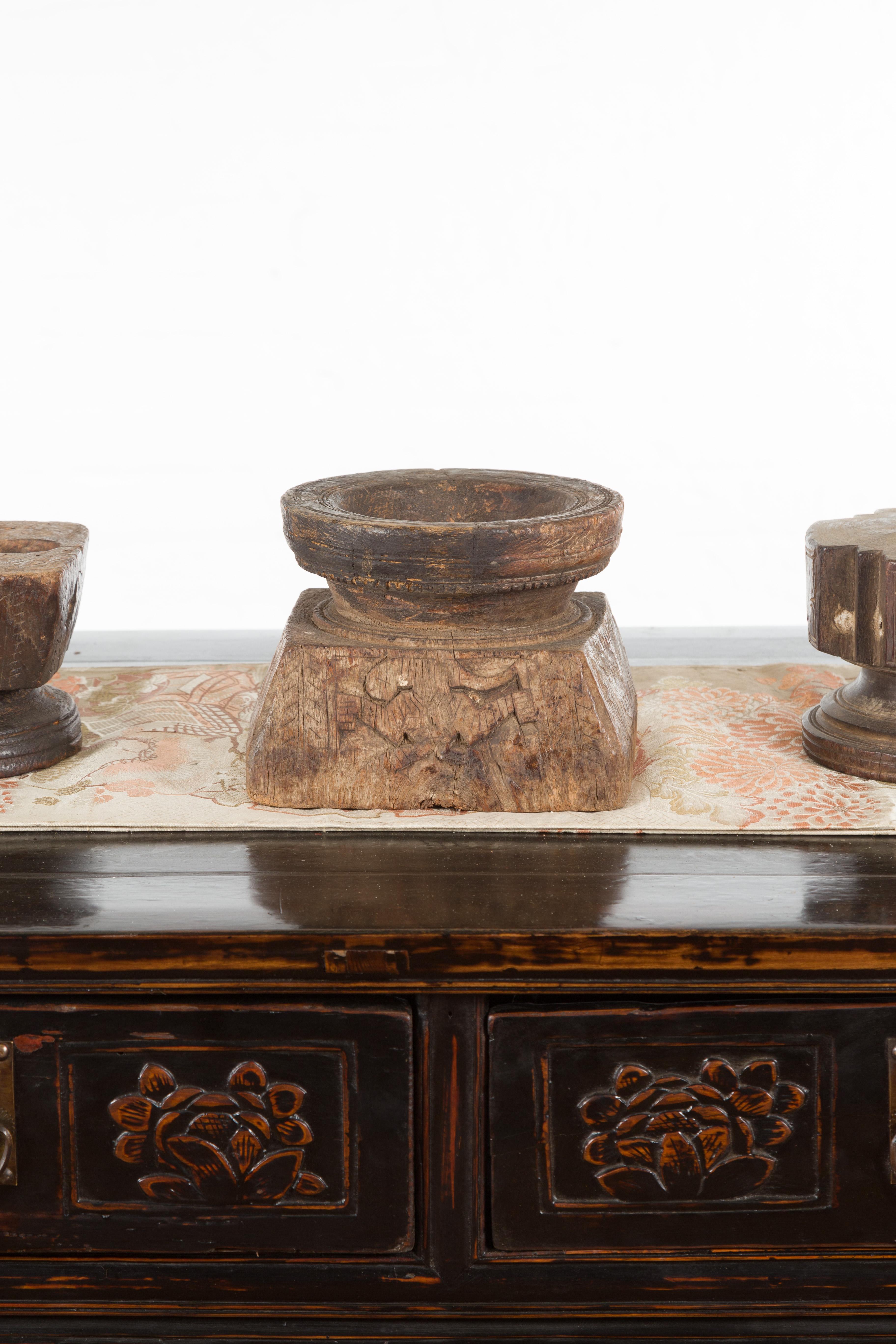 Wood Set of Three Indian 19th Century Seed Planters with Carved Motifs and Patina For Sale