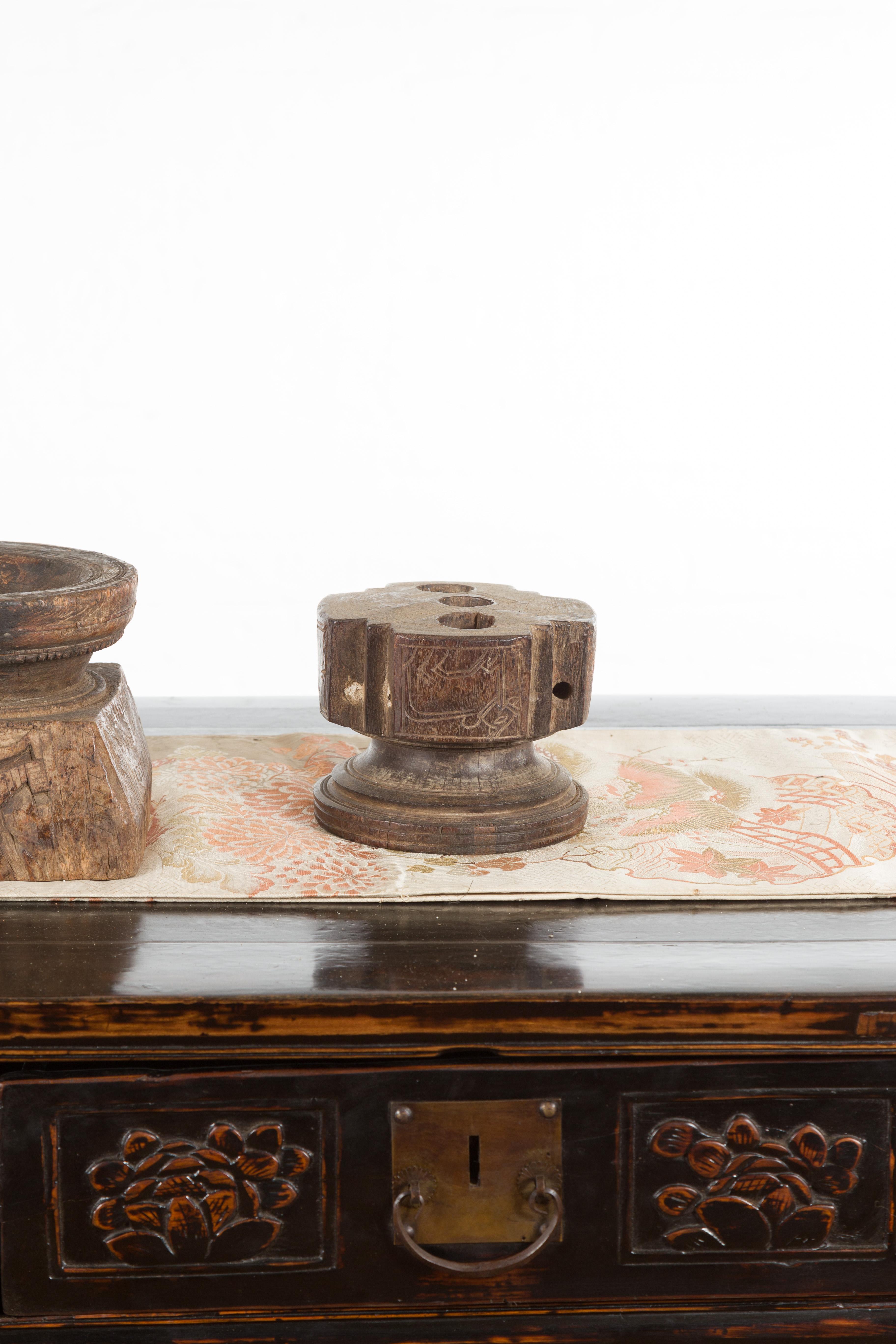 Set of Three Indian 19th Century Seed Planters with Carved Motifs and Patina For Sale 1