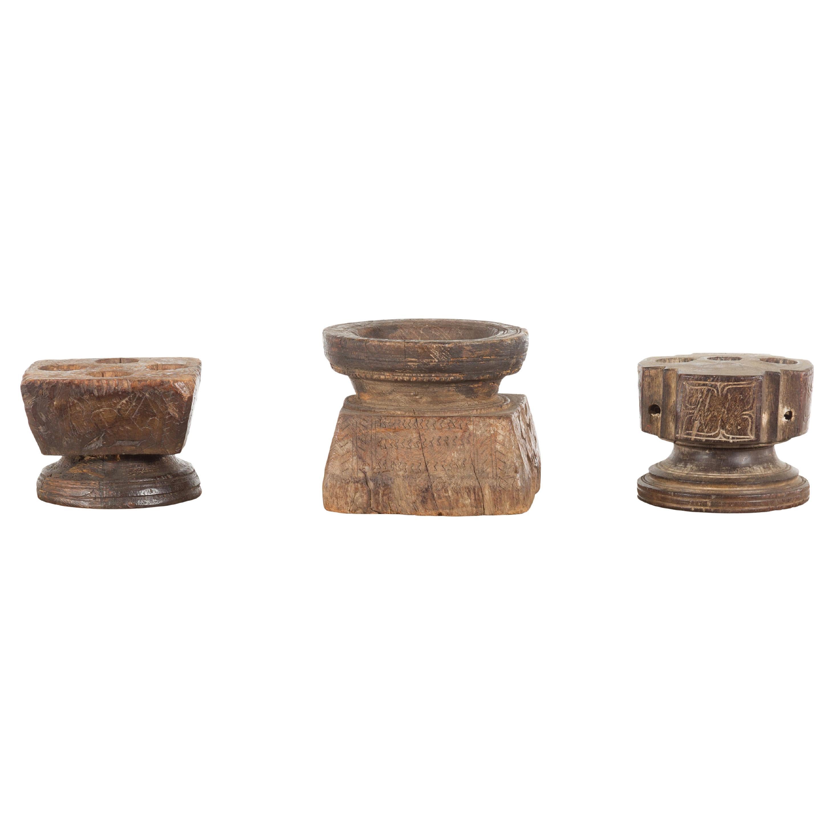 Set of Three Indian 19th Century Seed Planters with Carved Motifs and Patina