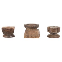 Set of Three Indian 19th Century Seed Planters with Carved Motifs and Patina