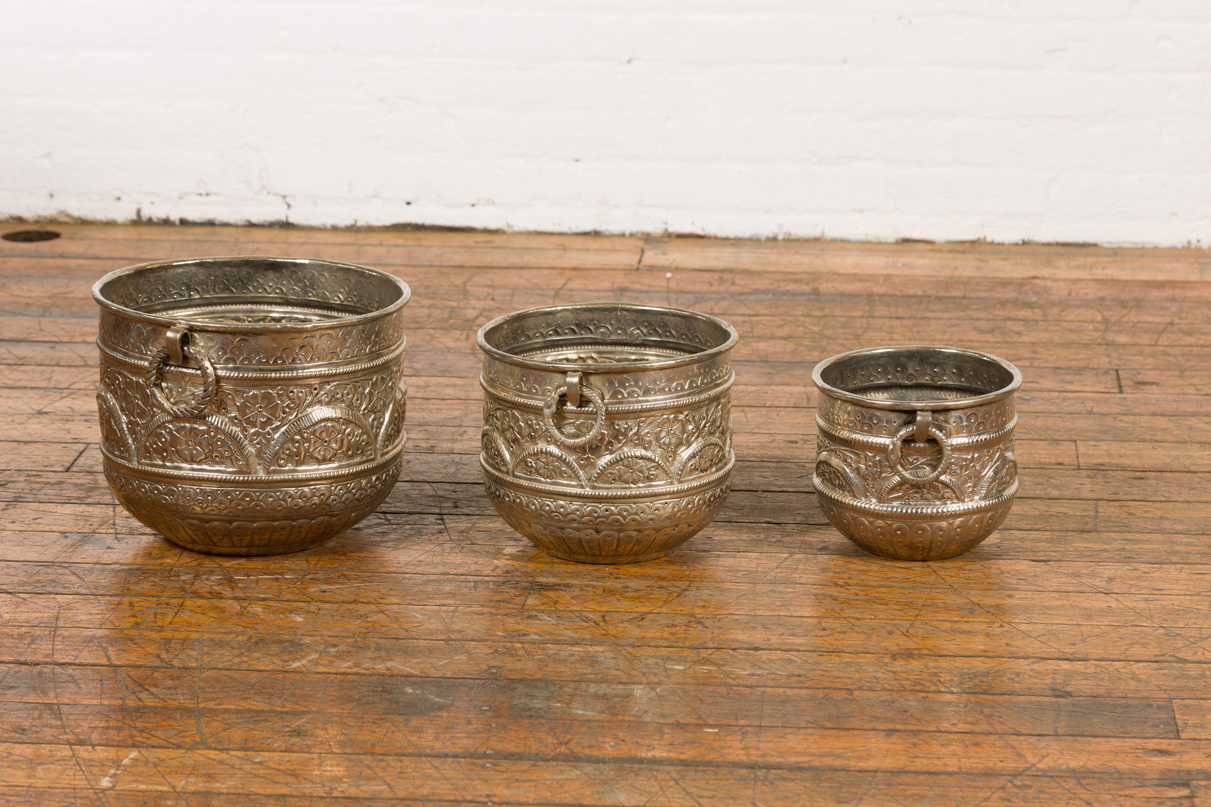 Set of Three Silver Nested Brass Planters For Sale 7