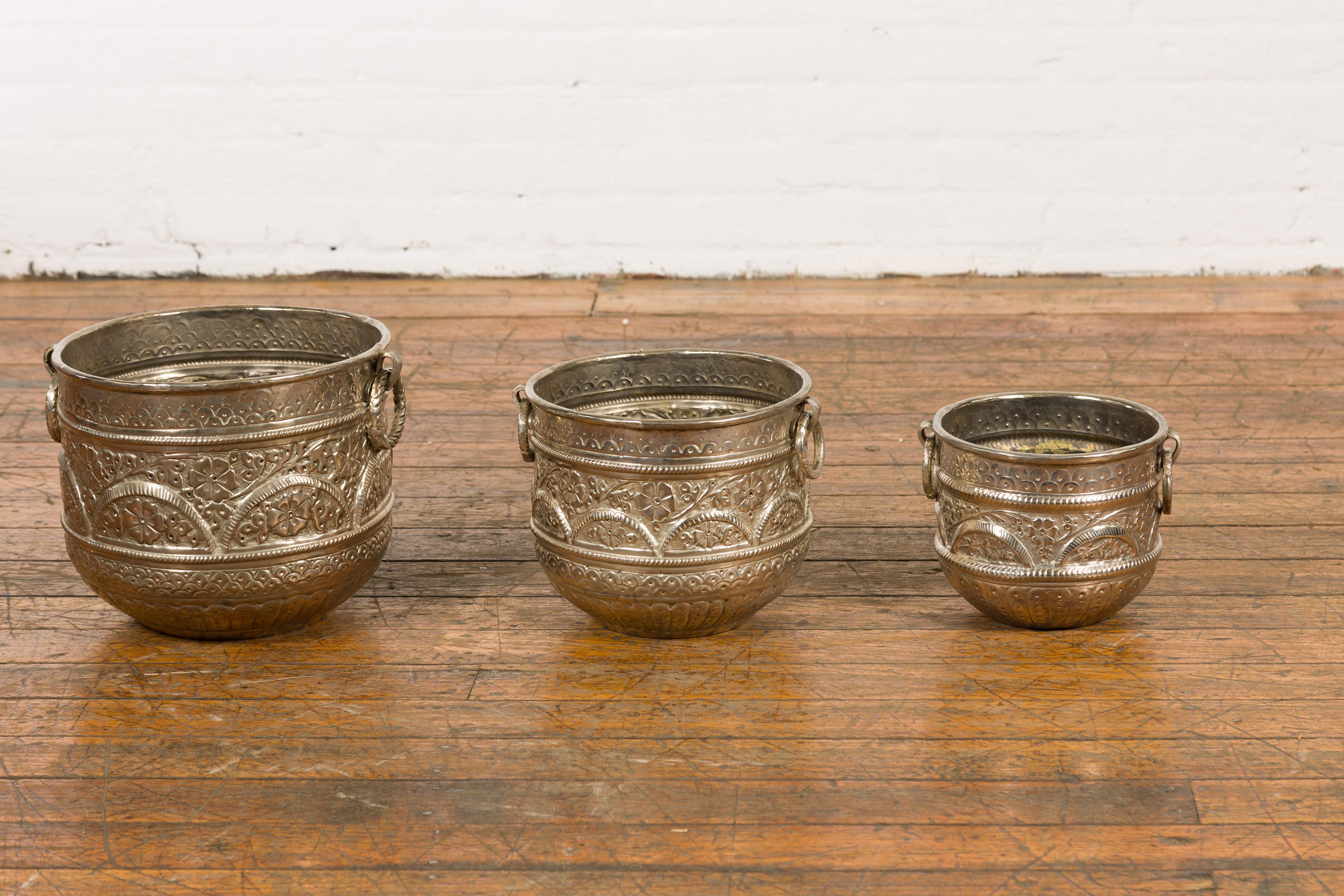 Set of Three Silver Nested Brass Planters For Sale 8