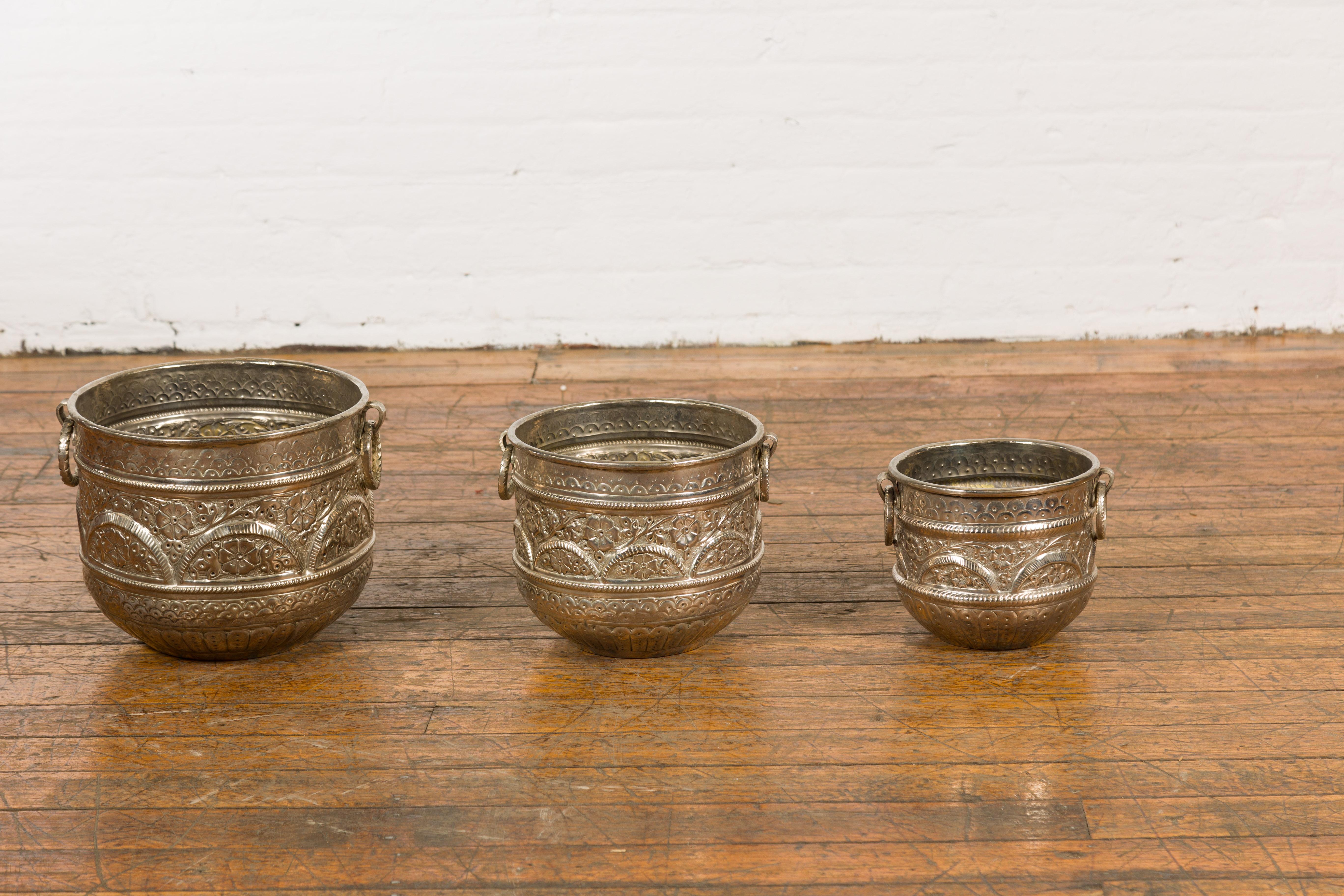 Set of Three Silver Nested Brass Planters For Sale 10