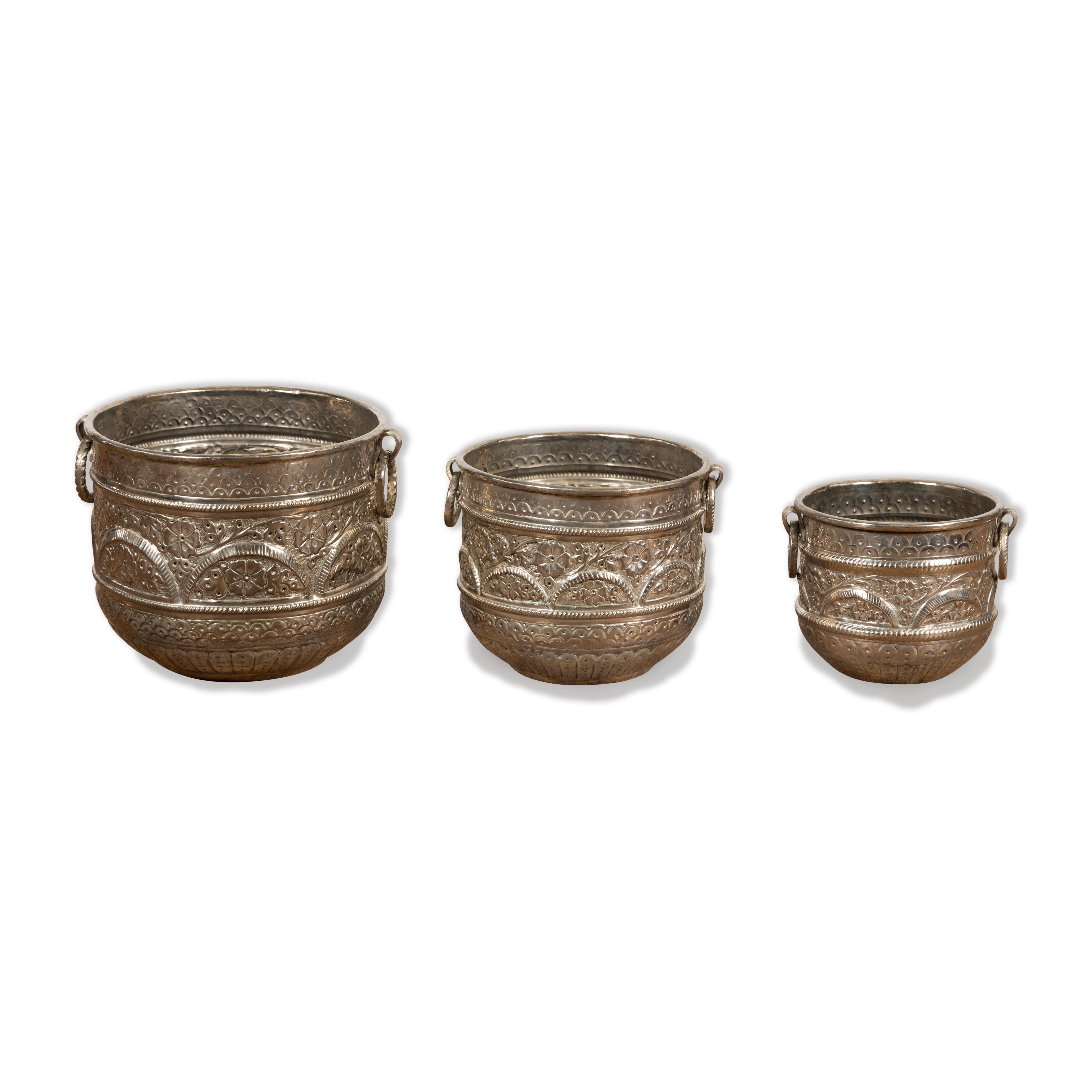 Set of Three Silver Nested Brass Planters For Sale 12