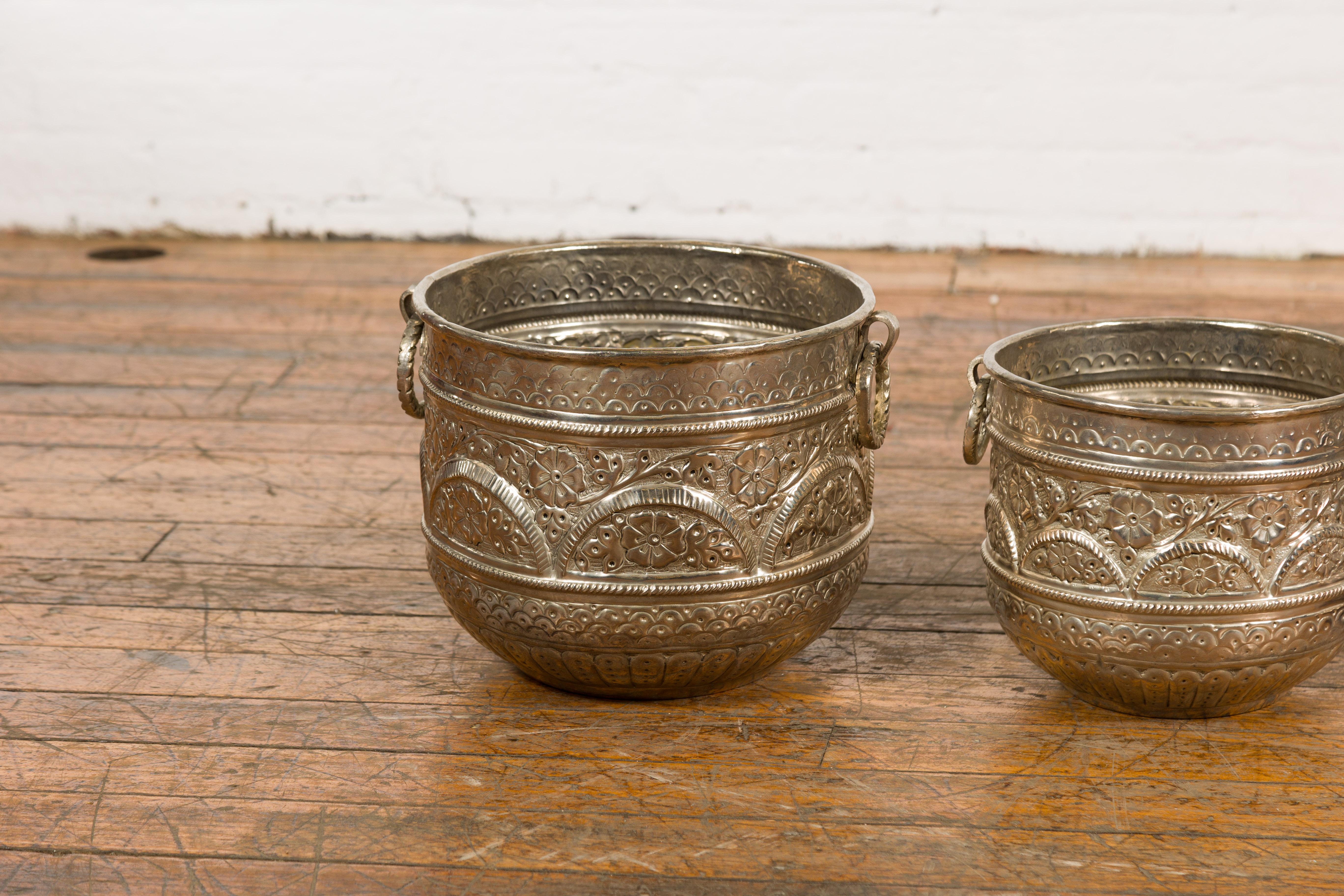 Indian Set of Three Silver Nested Brass Planters For Sale