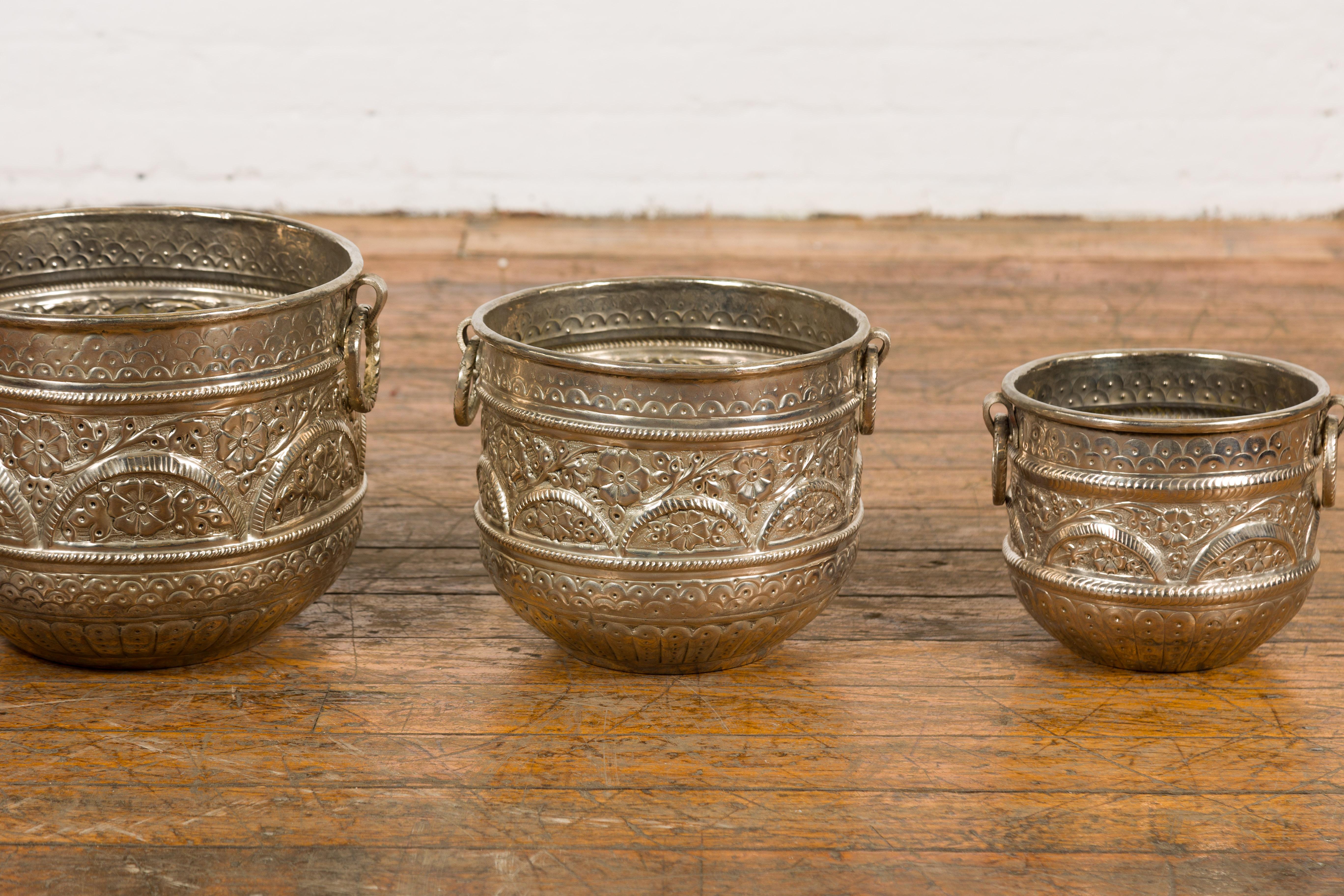 Repoussé Set of Three Silver Nested Brass Planters For Sale