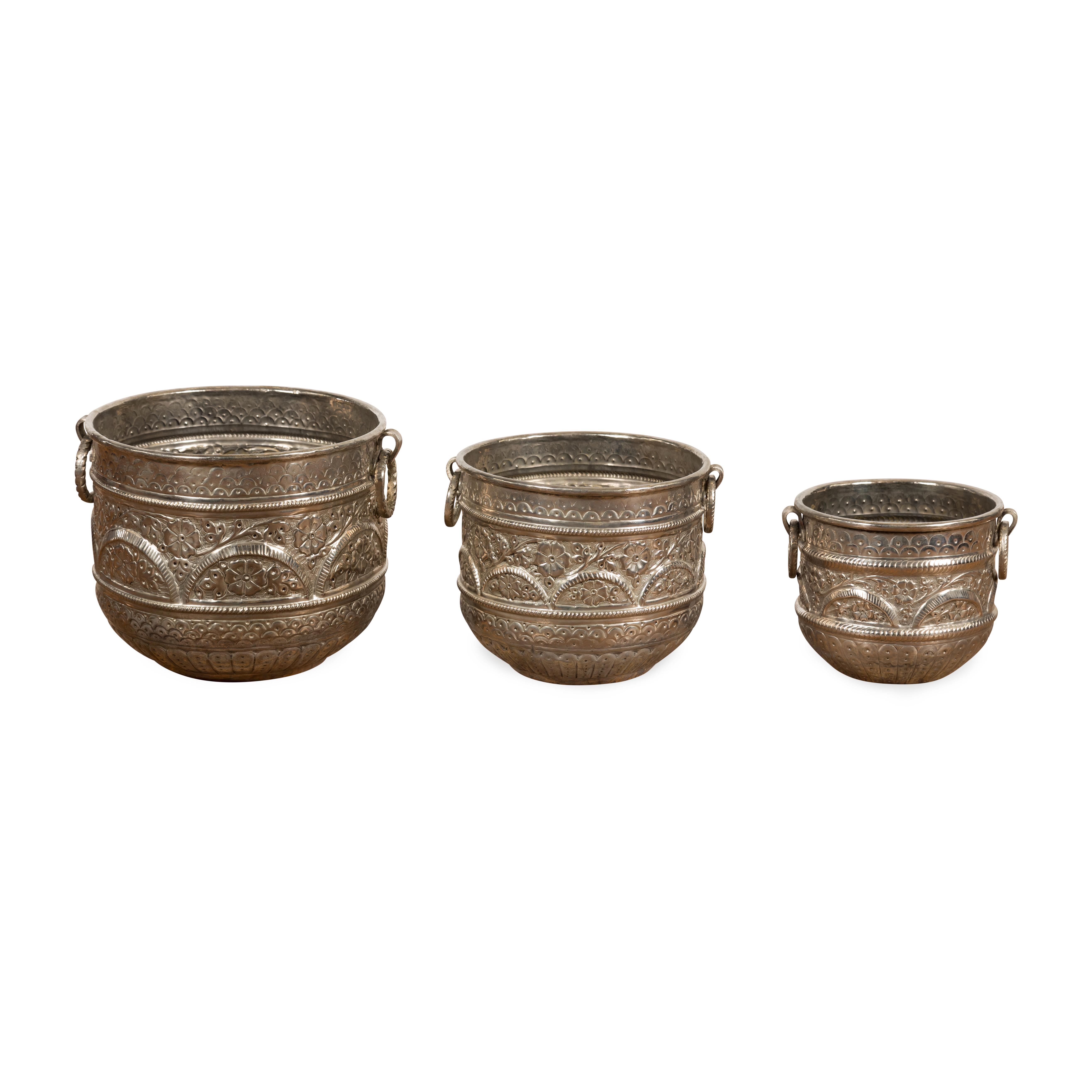 Set of Three Silver Nested Brass Planters For Sale