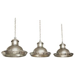 Set of Three Industrial Aluminium Pendant Lights with Halophane Glass Liners
