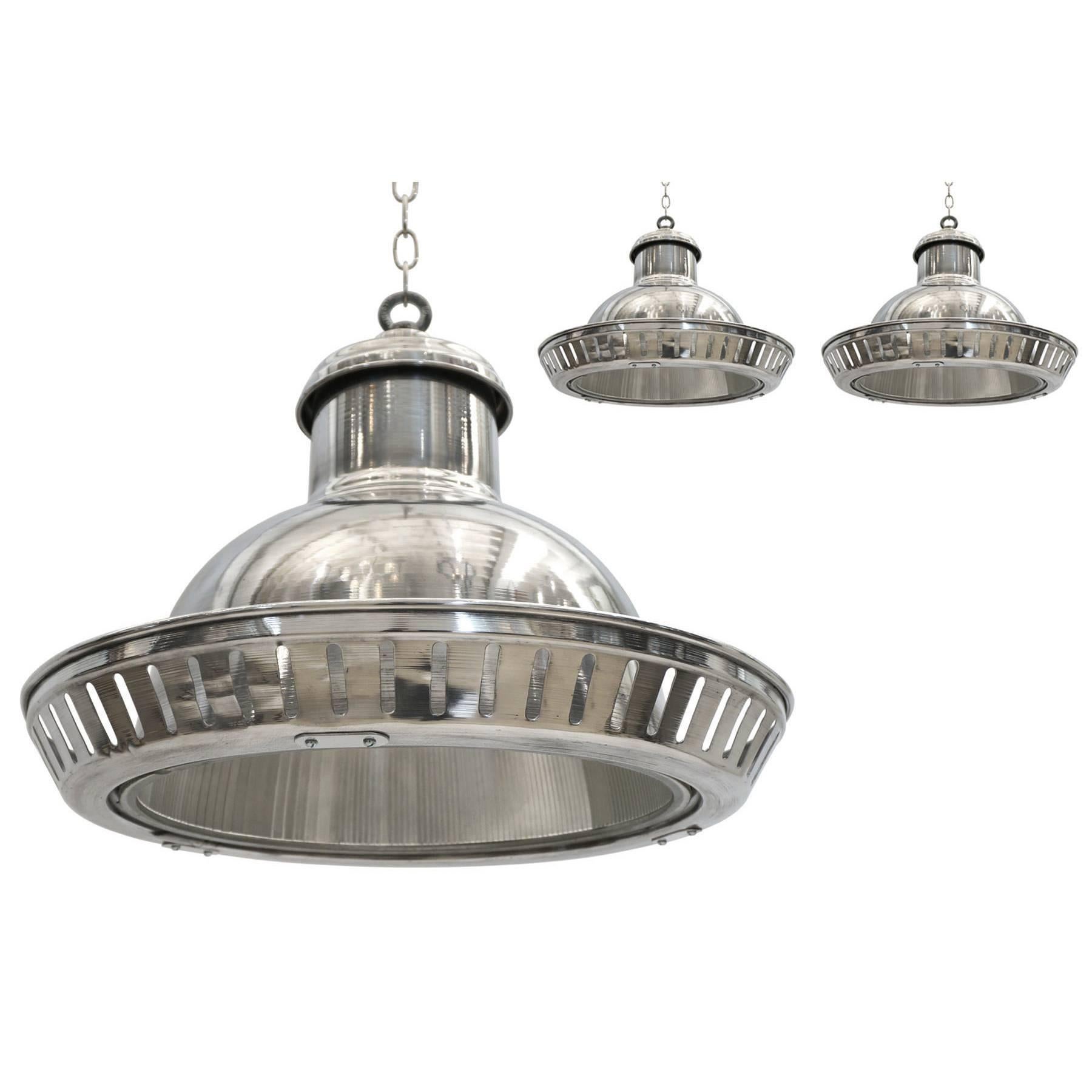 Set of Three Industrial Aluminium Pendant Lights with Halophane Glass Liners For Sale