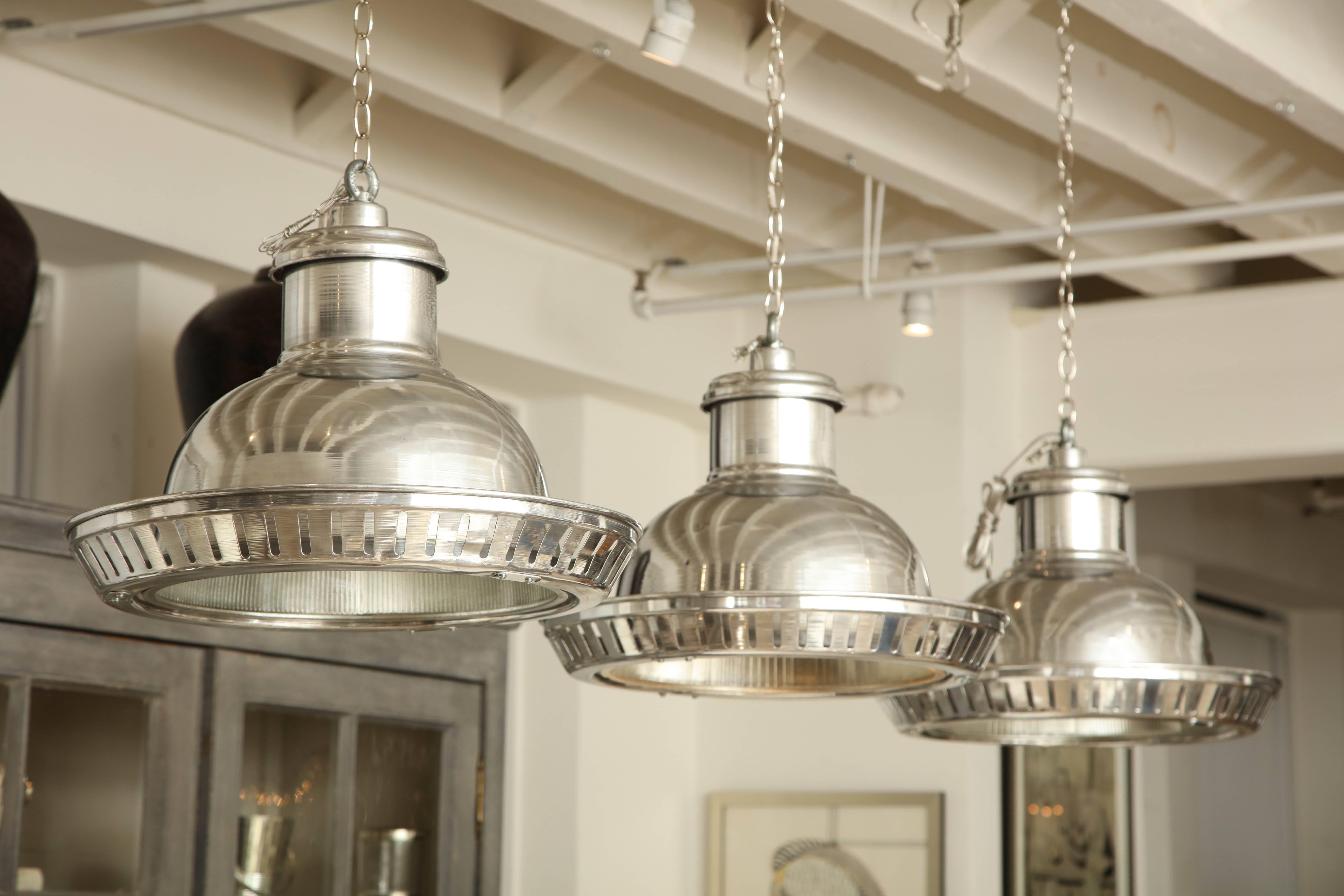 Set of Three Industrial Aluminium Pendant Lights with Halophane Glass Liners For Sale 3