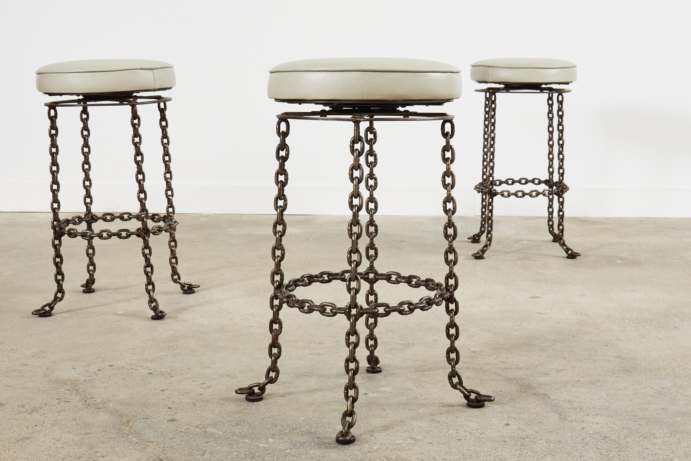 Set of Three Industrial Style Chain Link Swivel Barstools In Good Condition For Sale In Rio Vista, CA