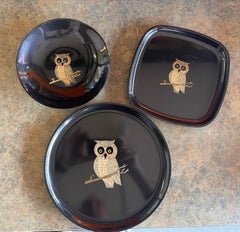 Set of Three Inlaid "Owl" Trays by Couroc California