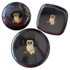 Vintage Set of Three Inlaid "Owl" Trays by Couroc California