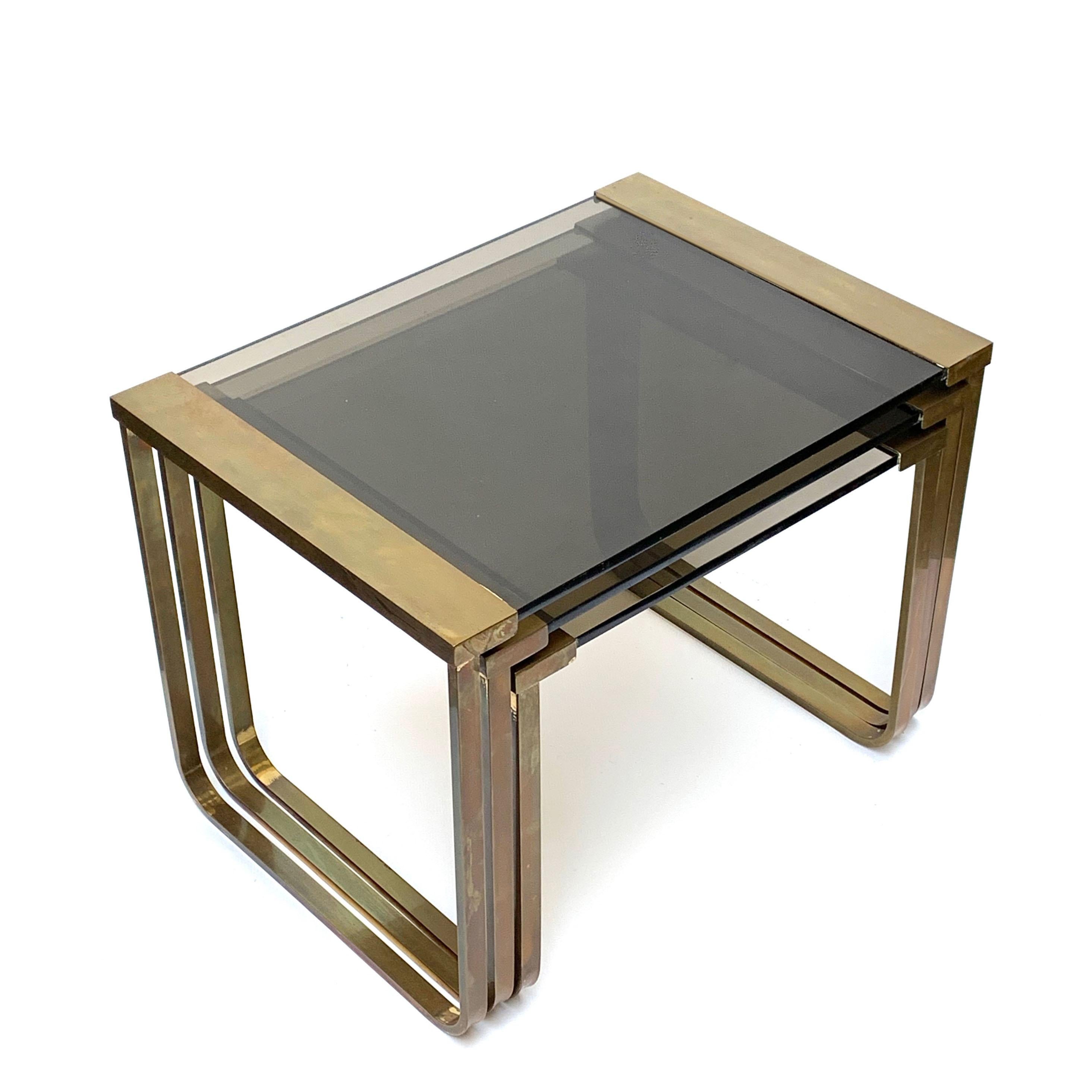 Set of Three Interlocking Tables in Satin Brass and Smoked Glass, France, 1970s 2