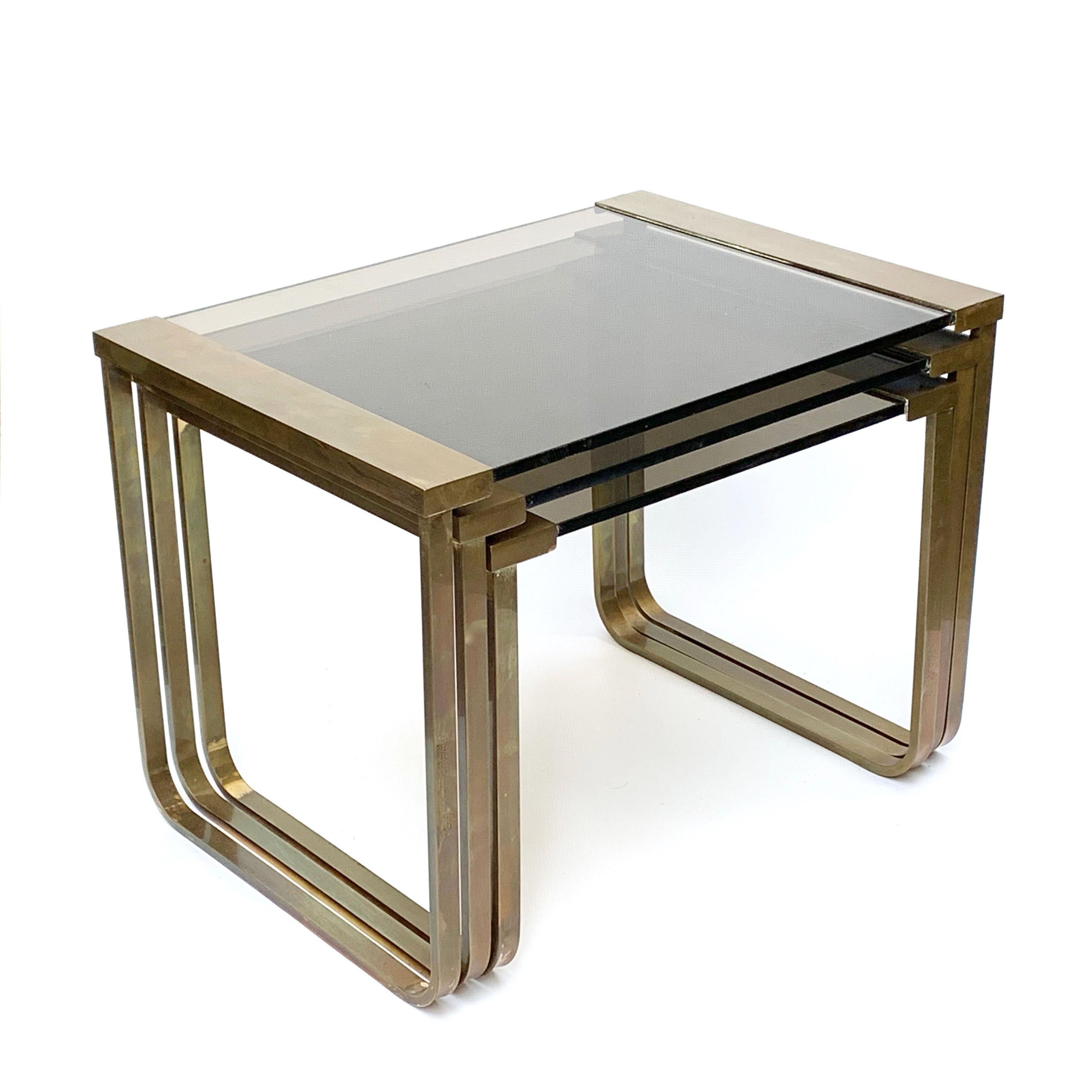 Set of Three Interlocking Tables in Satin Brass and Smoked Glass, France, 1970s 3