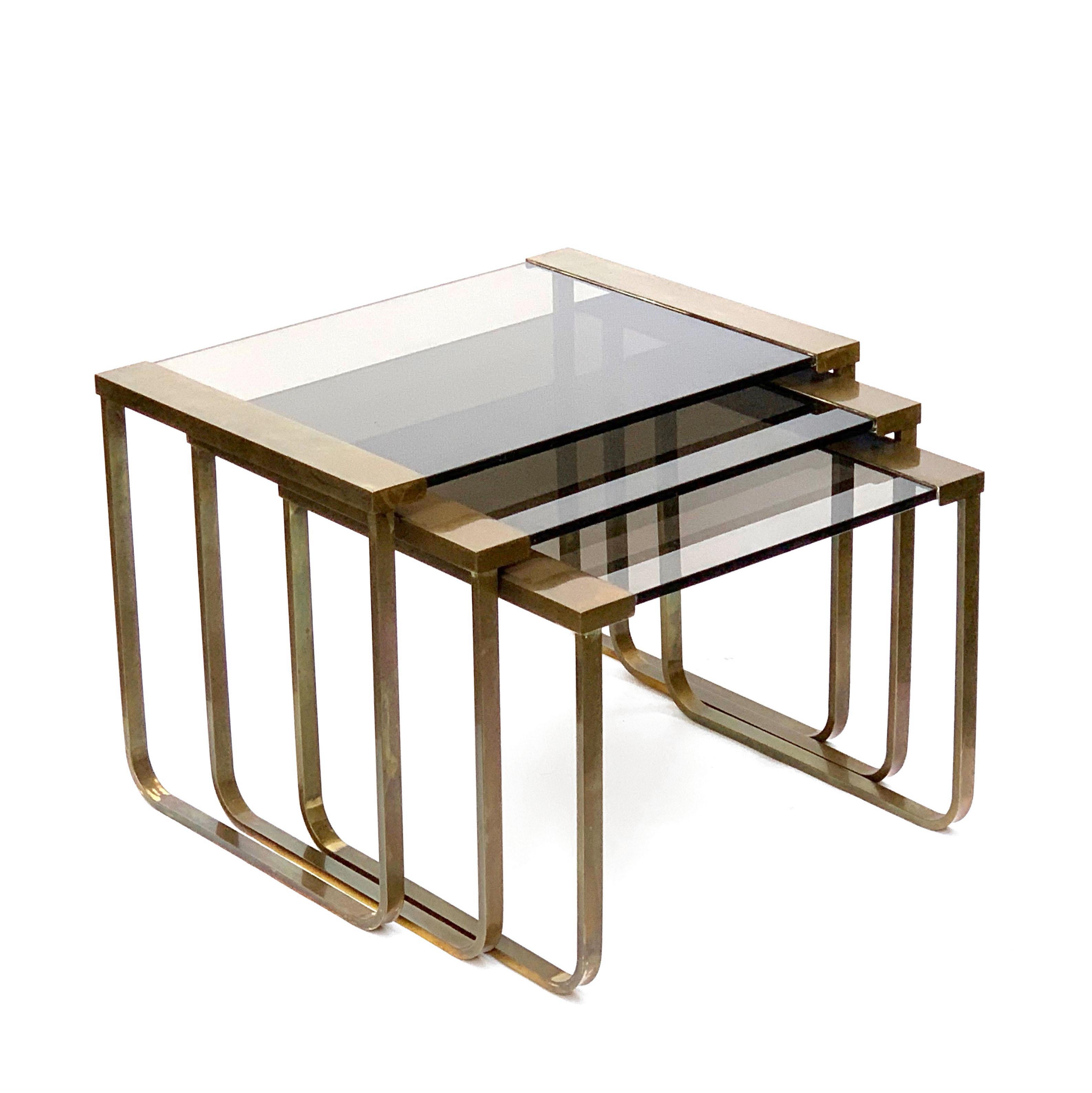 Set of Three Interlocking Tables in Satin Brass and Smoked Glass, France, 1970s 4